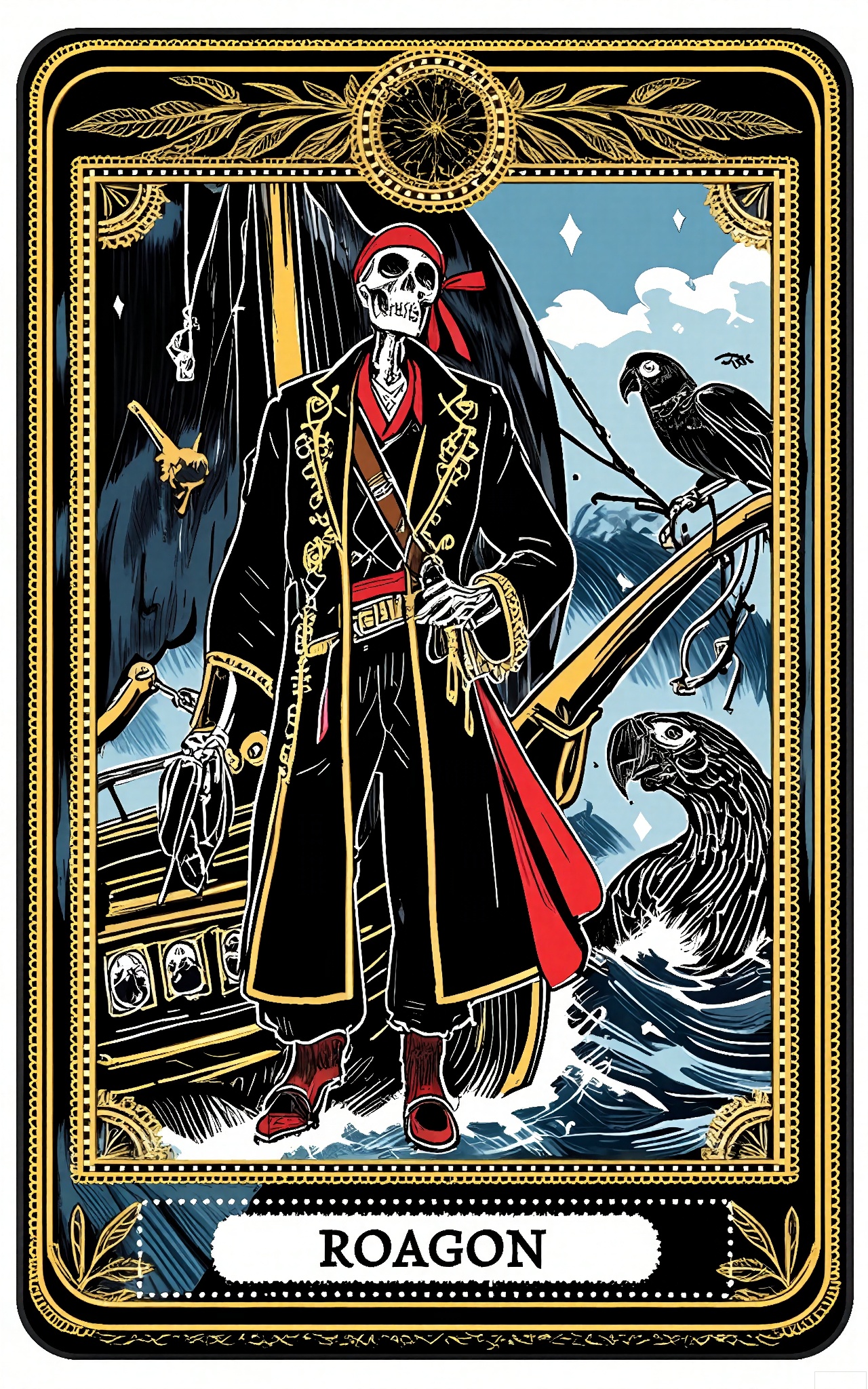 TLPF, A digital illustration in a gothic, vintage style featuring a skeletal pirate in a tattered, red bandana and a long, black coat with gold trim, standing on the deck of a ship made of Tarot cards. The pirate is holding a cutlass in one hand and has a parrot with a skull on its head perched on his shoulder. The background is a stormy, ocean with waves crashing against the ship and a large, kraken emerging from the depths. The Tarot card ship is decorated with images of adventure and danger. The overall color scheme is dark with red and gold accents. The image is framed by a decorative border with anchor and compass designs.
