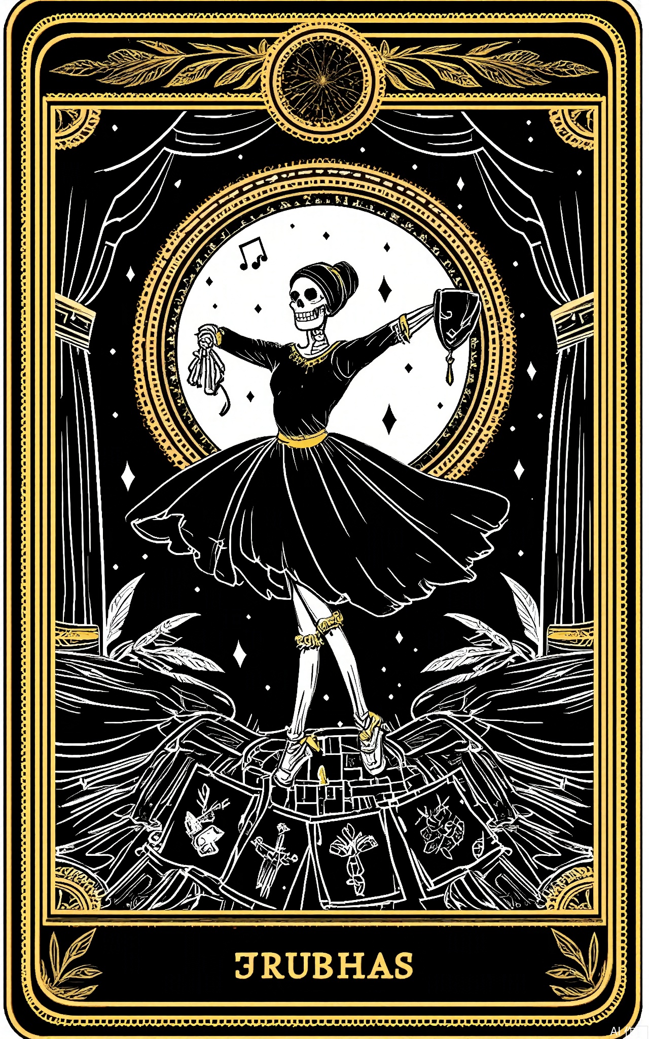 TLPF, A digital illustration in a gothic, vintage style featuring a skeletal dancer in a flowing, black tutu with gold sequins, twirling on a stage made of Tarot cards. The dancer is holding a mask in one hand and has a faint, musical note floating above her head. The background is a dimly lit, opera house with velvet curtains and a large, ornate chandelier. The Tarot card stage is decorated with images of art and creativity. The overall color scheme is dark with gold and black accents. The image is framed by a decorative border with musical note and feather designs.
