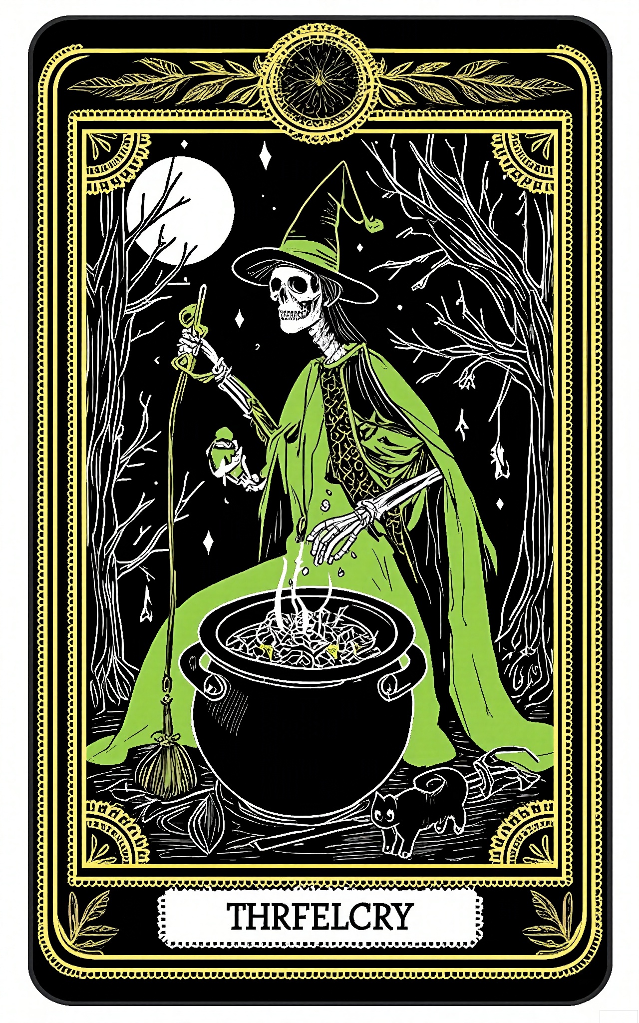 TLPF, A digital illustration in a gothic, vintage style featuring a skeletal witch in a long, green dress with black lace, stirring a cauldron made of Tarot cards. The witch is holding a broomstick in one hand and has a small, black cat with glowing eyes at her feet. The background is a dark, forest filled with twisted trees and a large, full moon shining through the branches. The Tarot card cauldron is bubbling with mysterious liquids and has images of magic and potions. The overall color scheme is dark with green and black accents. The image is framed by a decorative border with cauldron and broomstick designs.
