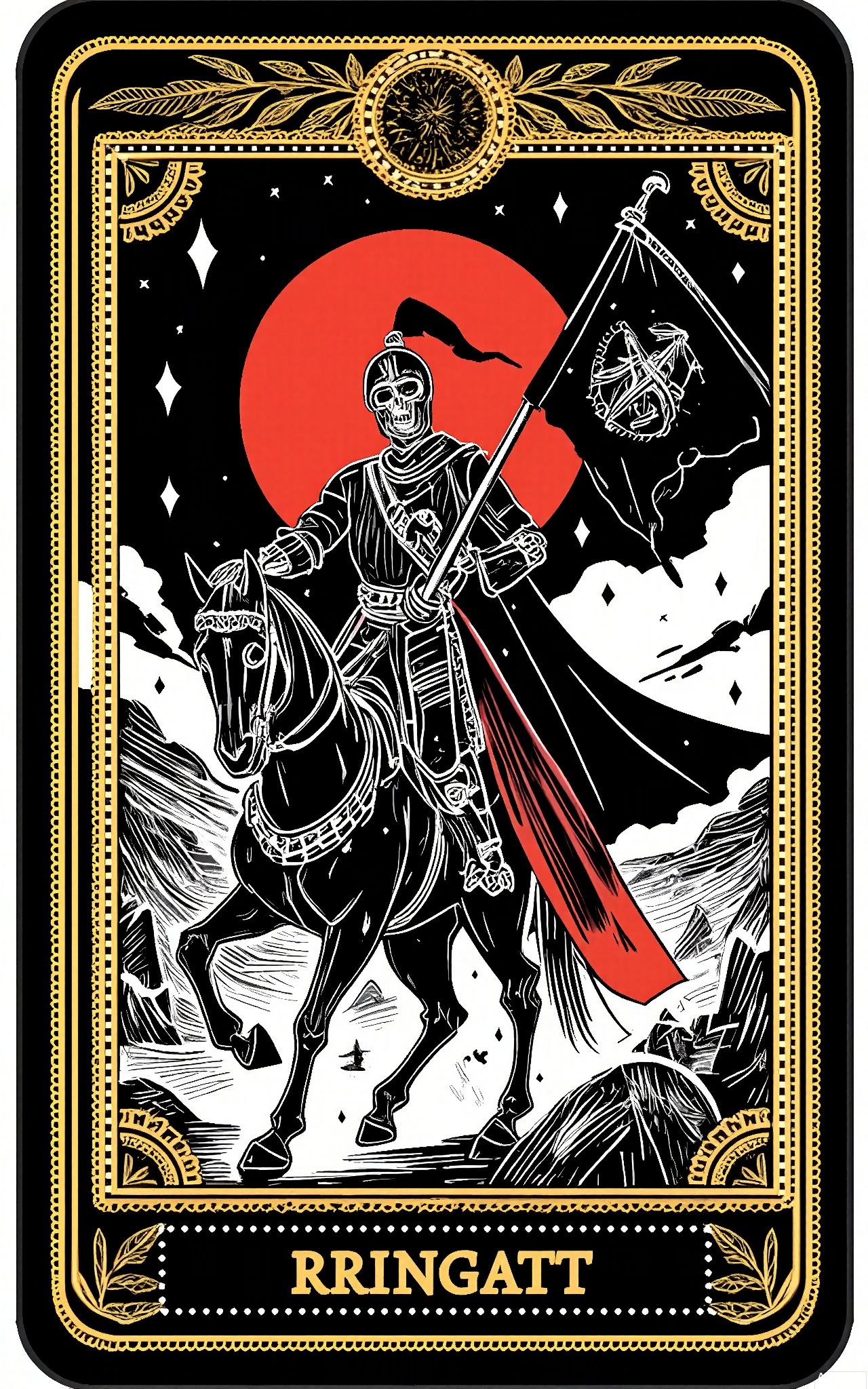 TLPF, A digital illustration in a gothic, vintage style featuring a skeletal knight in a suit of armor made of Tarot cards, riding a spectral horse. The knight is holding a sword with a skull-shaped hilt in one hand and has a banner with a dark emblem fluttering behind. The background is a desolate, war-torn battlefield with smoke rising from the ruins and a large, blood-red sun setting. The Tarot card armor is intricately detailed with scenes of battle and honor. The overall color scheme is dark with red and silver accents. The image is framed by a decorative border with sword and shield designs.
