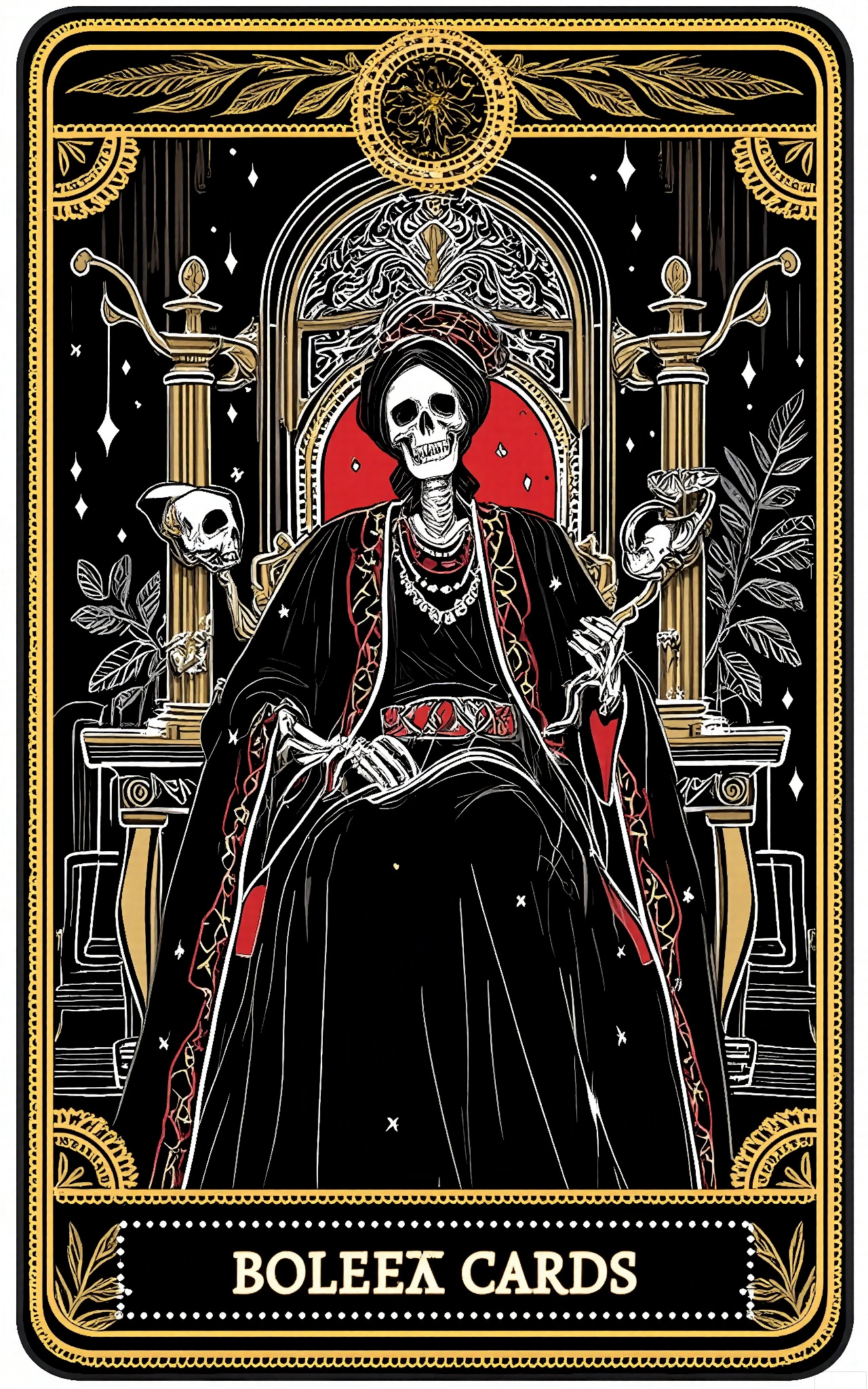 TLPF, A digital illustration in a gothic, vintage style featuring a skeletal queen in a regal, black velvet gown with ruby accents, seated on a throne made of Tarot cards. The queen is holding a scepter topped with a skull in one hand and has a crown of thorns on her head. The background is a dimly lit, grand ballroom with cobwebs hanging from the chandeliers and a large, stained-glass window depicting a dark scene. The Tarot card throne is ornate with images of power and authority. The overall color scheme is dark with red and gold accents. The image is framed by a decorative border with rose and dagger designs.
