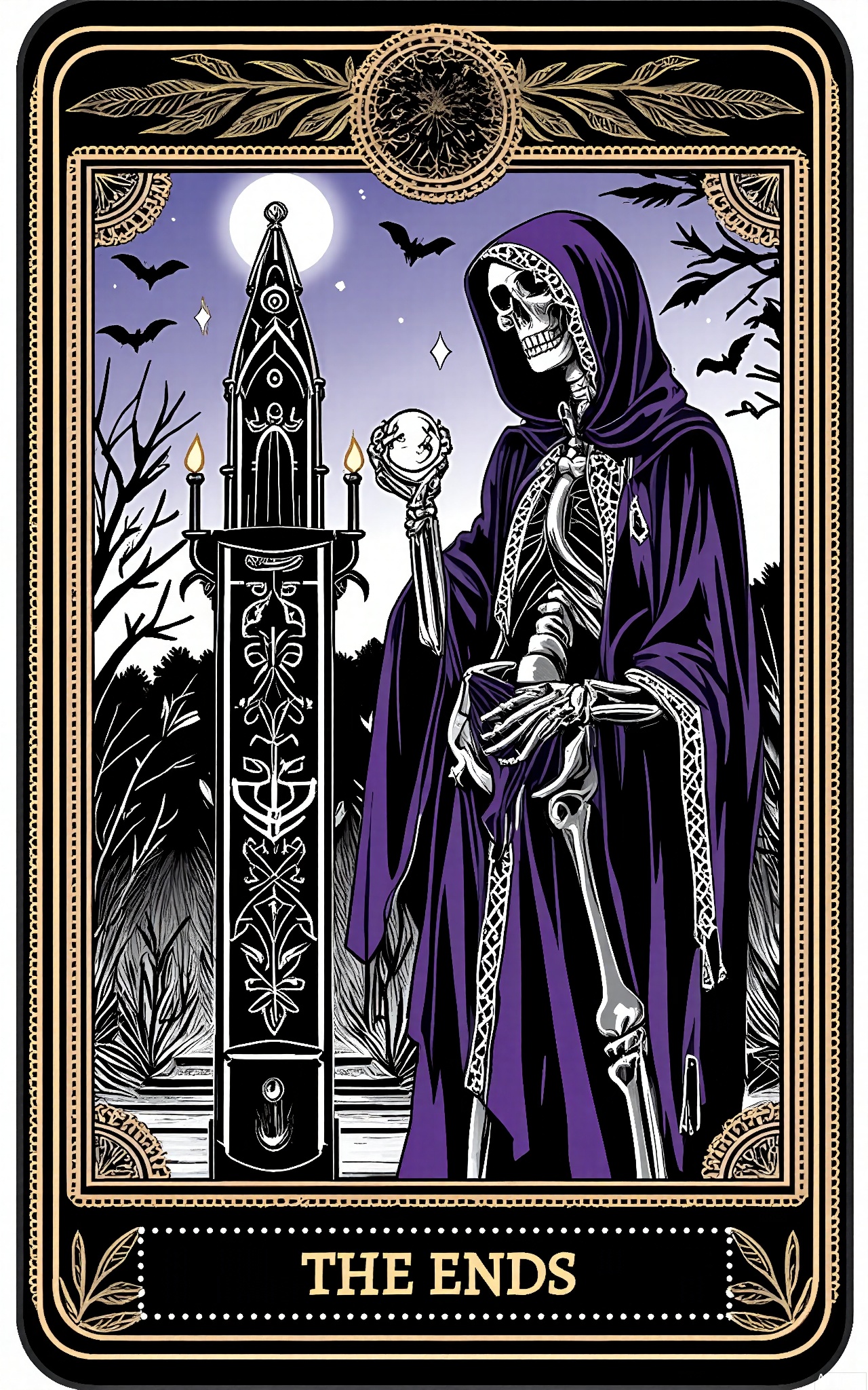 TLPF, A digital illustration in a gothic, vintage style featuring a skeletal figure in a tattered purple cloak with silver embroidery, standing beside a towering Tarot card tower. The figure is holding a crystal ball in one hand and has a faint, eerie glow emanating from its eye sockets. The background is a murky, foggy cemetery at midnight with a pale, blood-red moon hanging low. The card tower is adorned with arcane symbols and mysterious runes. The overall color scheme is dark with silver accents. The image is framed by a decorative border with bat and crescent moon designs.
