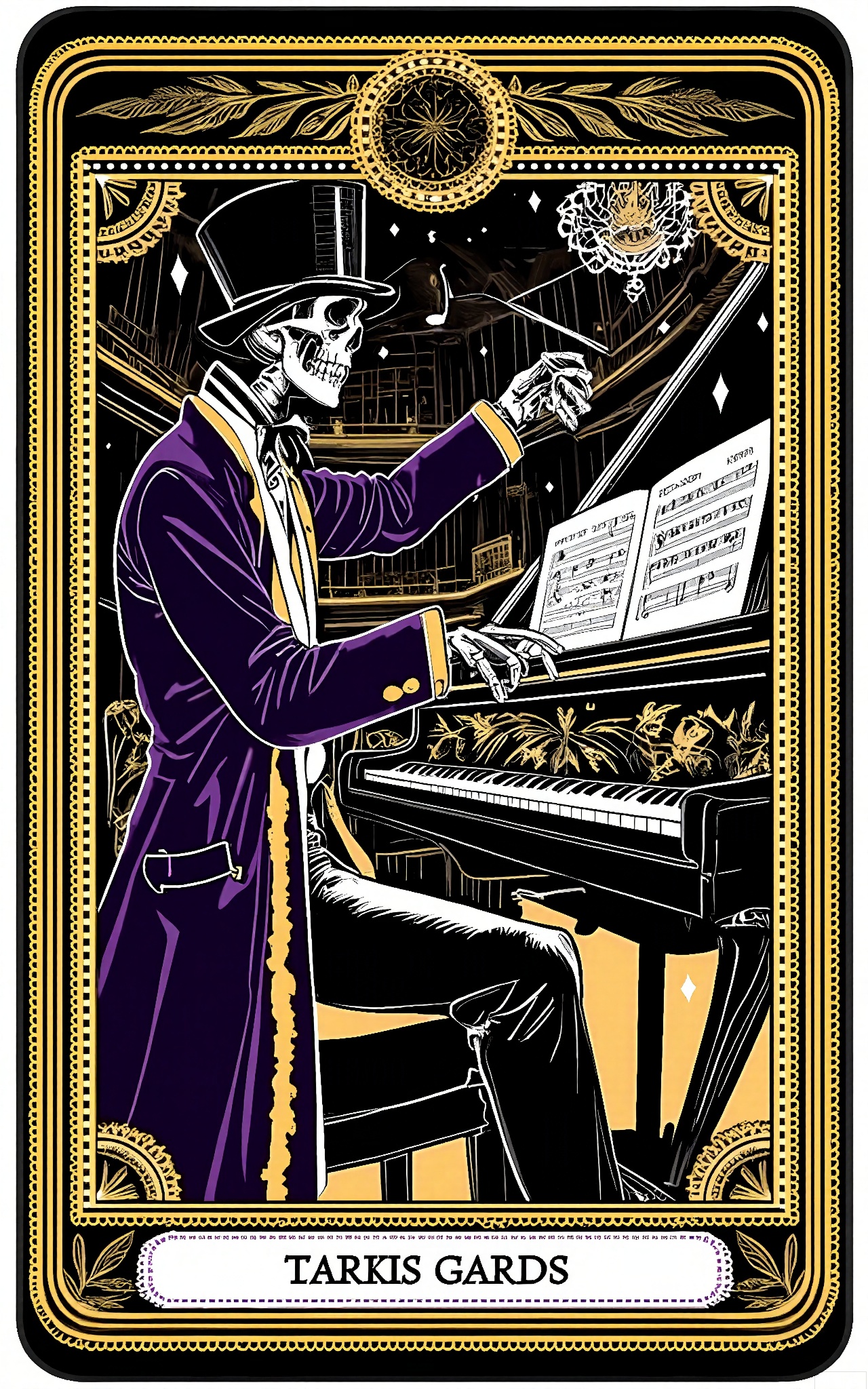 TLPF, A digital illustration in a gothic, vintage style featuring a skeletal musician in a long, purple velvet coat with gold fringe, playing a piano made of Tarot cards. The musician is holding a sheet of music with skulls on the notes in one hand and has a conductor's baton in the other. The background is a grand, concert hall filled with empty seats and a large, chandelier. The Tarot card piano is decorated with musical notes and images of harmony. The overall color scheme is dark with purple and gold accents. The image is framed by a decorative border with musical note and piano key designs.
