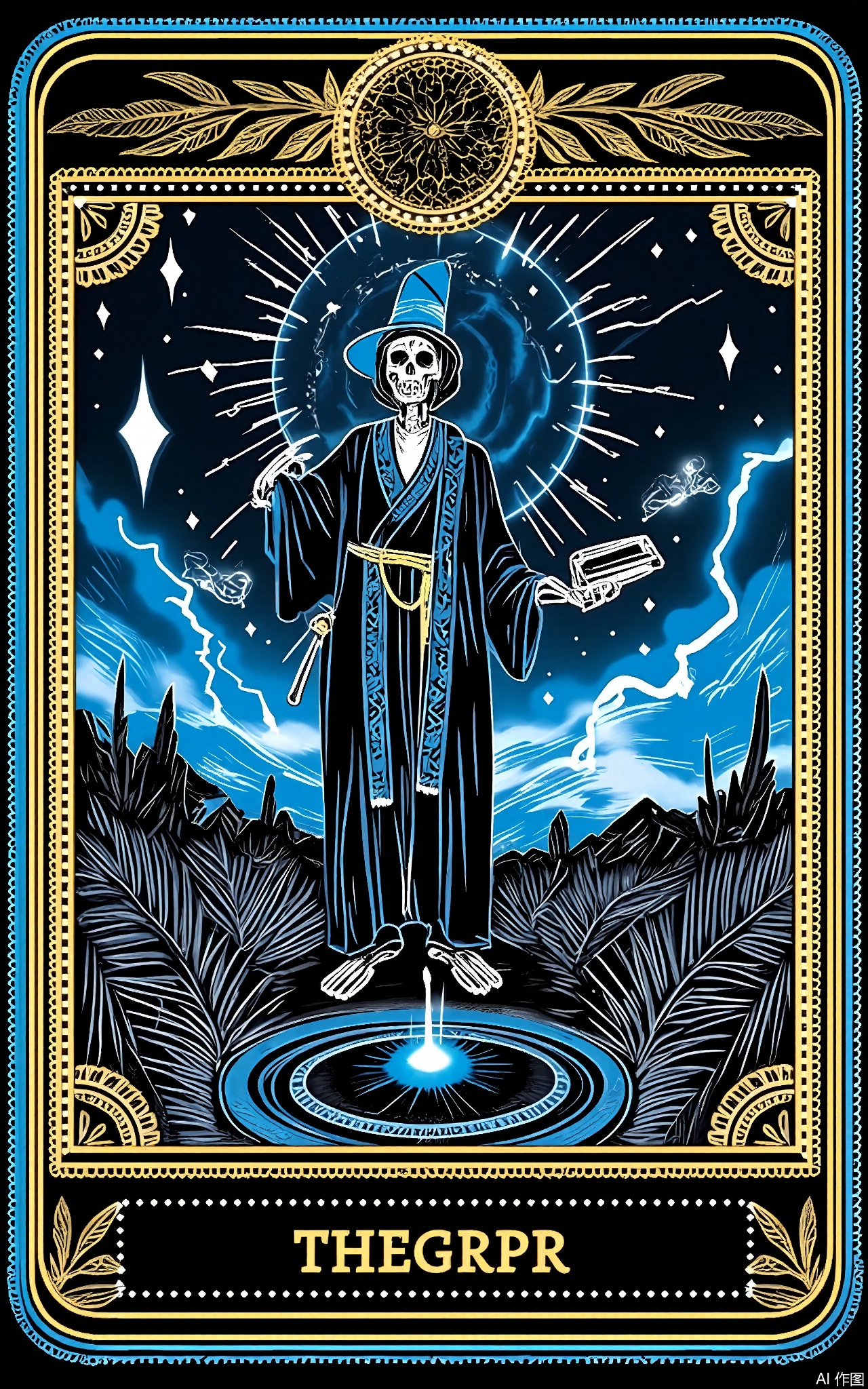 TLPF, A digital illustration in a gothic, vintage style featuring a skeletal sorcerer in a long, blue robe with silver stars, standing in front of a giant, floating Tarot card. The sorcerer is casting a spell with one hand and has a glowing, magical tome in the other. The background is a stormy, night sky filled with lightning and dark clouds, with a large, mysterious portal in the distance. The Tarot card is glowing with arcane energy and depicts a scene of magic and transformation. The overall color scheme is dark with blue and silver accents. The image is framed by a decorative border with spellbook and wand designs.

