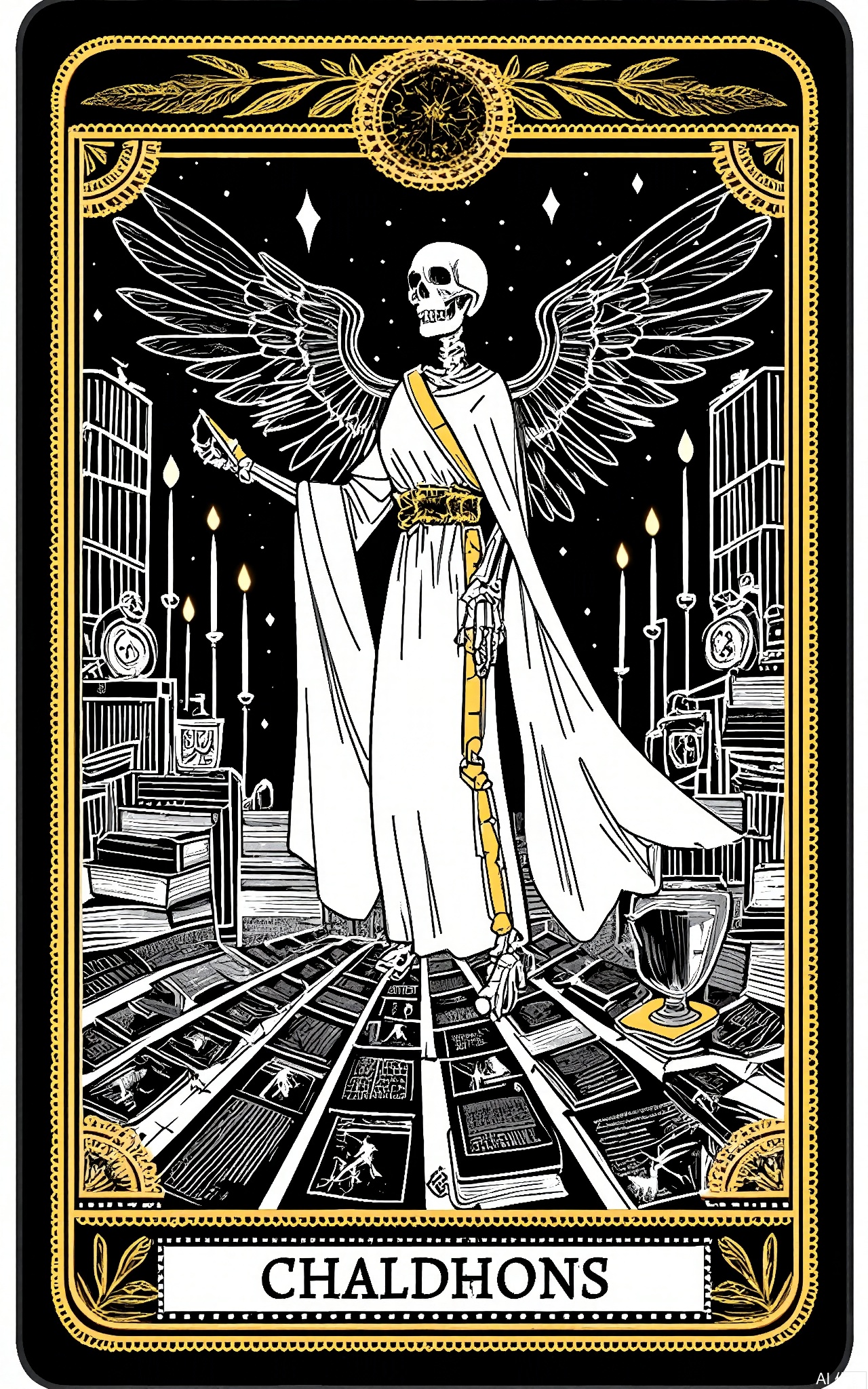 TLPF, A digital illustration in a gothic, vintage style featuring a winged skeleton in a flowing white gown with gold lace, floating above a sprawling Tarot card spread. The skeleton is holding a quill pen in one hand and has a small, floating hourglass beside it. The background is a vast, ancient library filled with dusty tomes and flickering candles, with a large, ominous clock in the corner. The Tarot cards are intricately detailed with scenes of fate and destiny. The overall color scheme is dark with gold and white accents. The image is framed by a decorative border with scroll and key designs.
