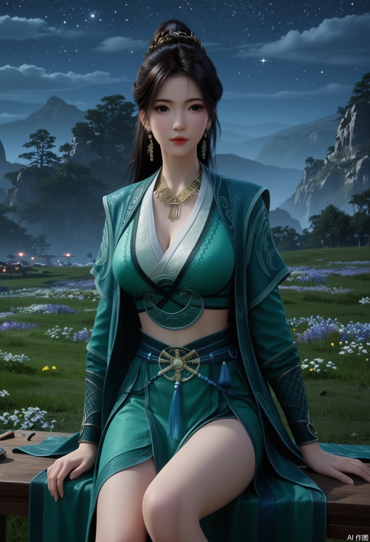 score_9,score_8_up,score_7_up,highly detailed,ultra-high best quality,masterpiece,realistic,ultra-fine painting,extreme detail description,Professional,Vivid Colors,(((extremely detailed CG unity 8k wallpaper))),an extremely delicate and beautiful,official art,sweet and delicate girl,delicate facial features,perfect bright figure,surrounded,Bright,romantic long hair,natural light,warm and sweet,a girl,((ink)),
mupeiling,
1girl, solo, long hair, black hair, hair ornament, dress, jewelry, earrings, necklace, coat, green dress,chinese clothes,sash,(ponytail:1.2),expose navel,
(in a meadow:1.3),(night:1.2),(stars:1.5),((perfect legs:1.2)),(large breasts:1.2),((upper body:1.3)),
sitting

