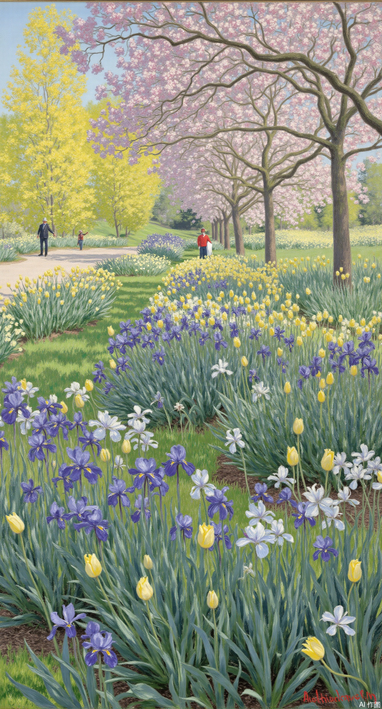 (masterpiece, best quality:1.2),A scene of a spring garden in the style of Monet, with various flowers blooming brightly. Pink cherry blossoms, purple irises, and yellow tulips blend together. Sunlight filters through the gaps in the leaves, creating dancing spots of light on the grass. Light brushstrokes depict the softness of the petals and the gentle breeze, with bright and layered colors, showing the vitality of spring.Xqianqianmeinu,Xmoxionghanfu,Xleisiqipao,Xxeushengxiaofu,Xxiajixiaofu,Xzileisiqipao,XluxueqiXY2,Xyaoyuexianzi,XteYK,Xdongjixiaofu2,Xclaudmonetstyle,XLiquidGlassMaterial,Xclaudmonet