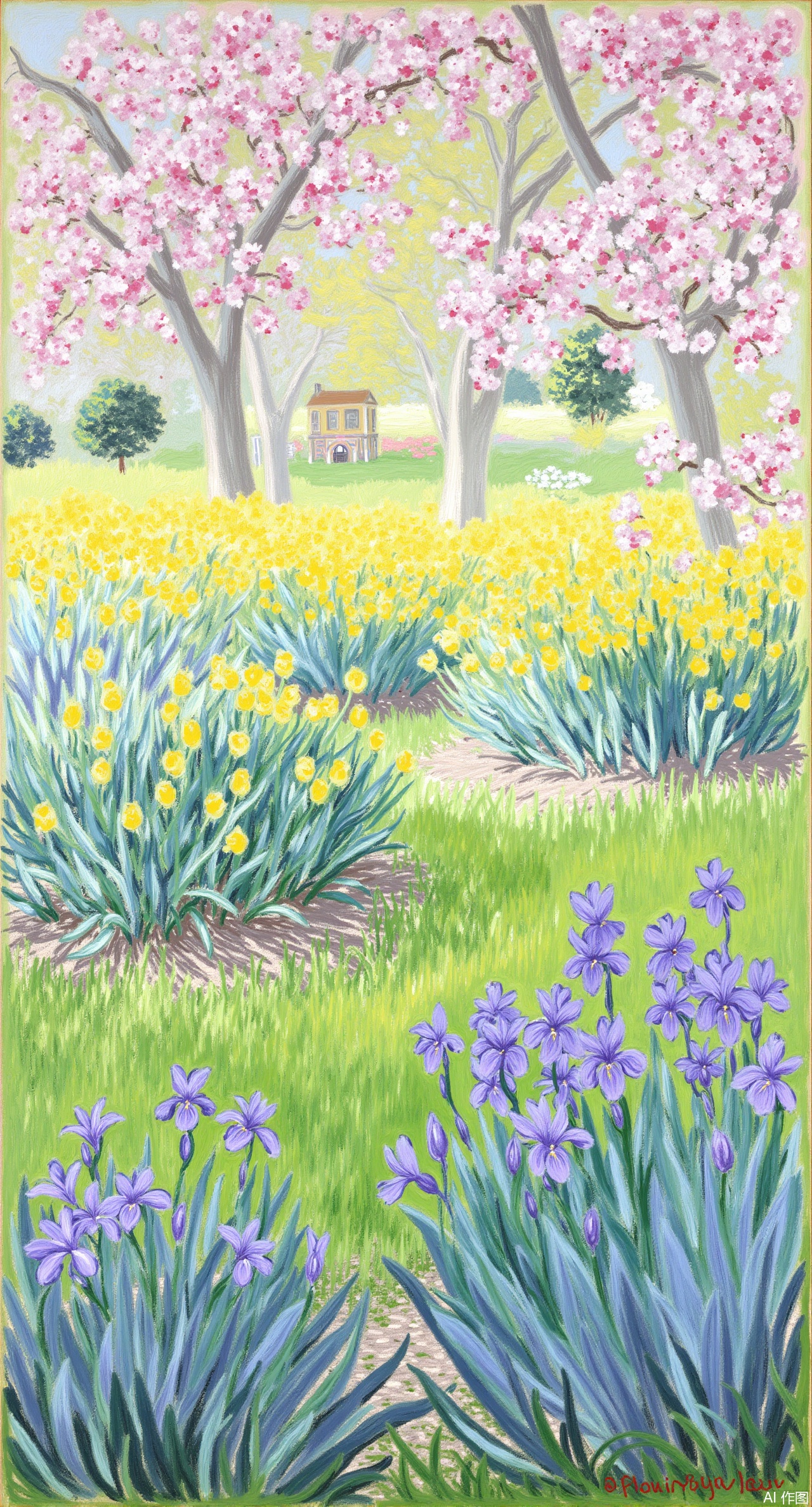 (masterpiece, best quality:1.2),A scene of a spring garden in the style of Monet, with various flowers blooming brightly. Pink cherry blossoms, purple irises, and yellow tulips blend together. Sunlight filters through the gaps in the leaves, creating dancing spots of light on the grass. Light brushstrokes depict the softness of the petals and the gentle breeze, with bright and layered colors, showing the vitality of spring.Xqianqianmeinu,Xmoxionghanfu,Xleisiqipao,Xxeushengxiaofu,Xxiajixiaofu,Xzileisiqipao,XluxueqiXY2,Xyaoyuexianzi,XteYK,Xdongjixiaofu2,Xclaudmonetstyle,XLiquidGlassMaterial,Xclaudmonet