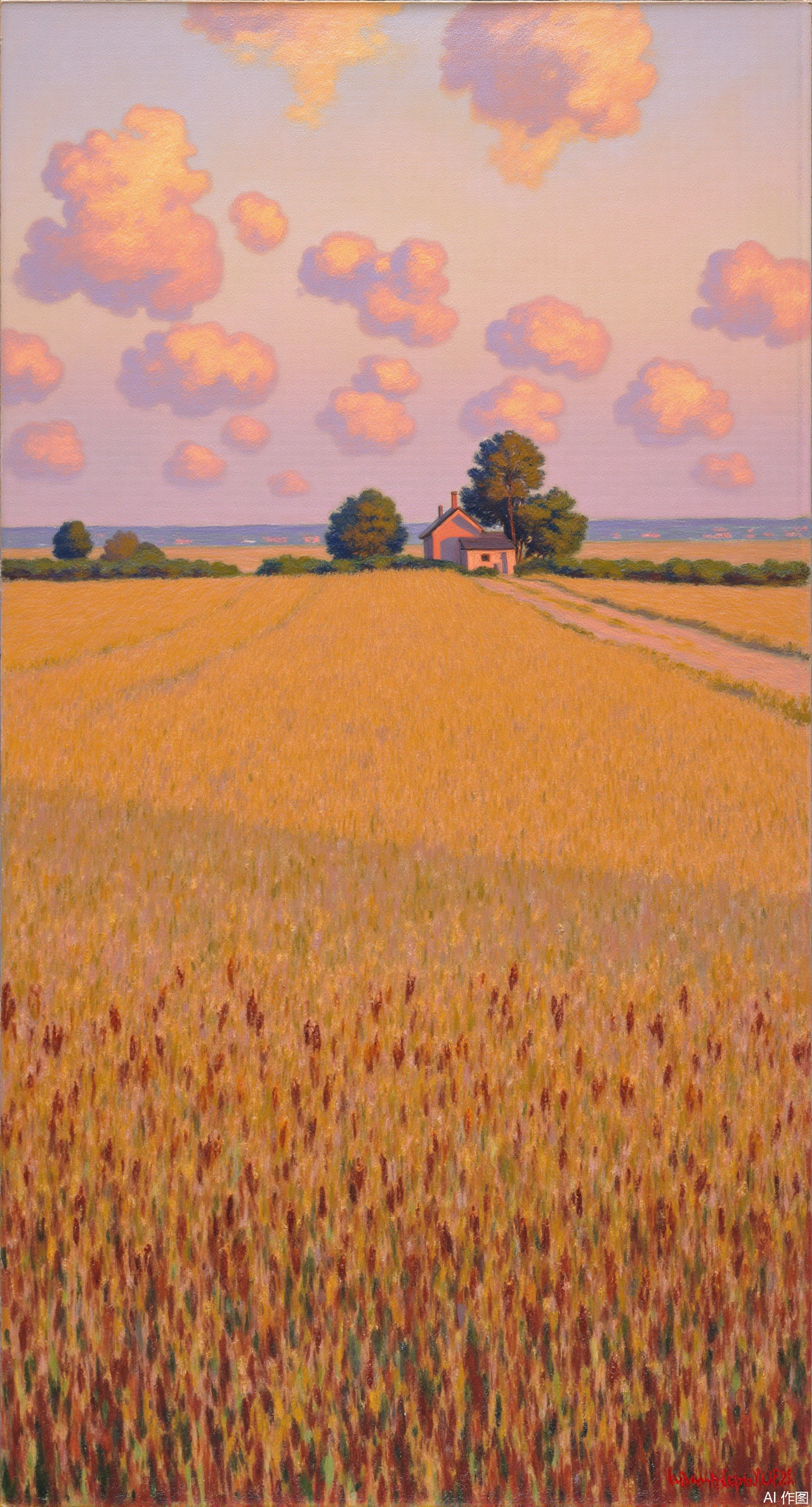 (masterpiece, best quality:1.2),A wheat field at sunset in the style of Monet, with golden wheat ears swaying gently in the breeze. The distant sky is painted in orange-red and pink-purple hues, with clouds floating dreamily. The outline of the farmhouse looms faintly in the twilight, and warm light casts dappled shadows on the wheat waves. The broken color technique is used to blend the colors, presenting a hazy atmosphere.Xqianqianmeinu,Xmoxionghanfu,Xleisiqipao,Xxeushengxiaofu,Xxiajixiaofu,Xzileisiqipao,XluxueqiXY2,Xyaoyuexianzi,XteYK,Xdongjixiaofu2,Xclaudmonetstyle,XLiquidGlassMaterial,Xclaudmonet