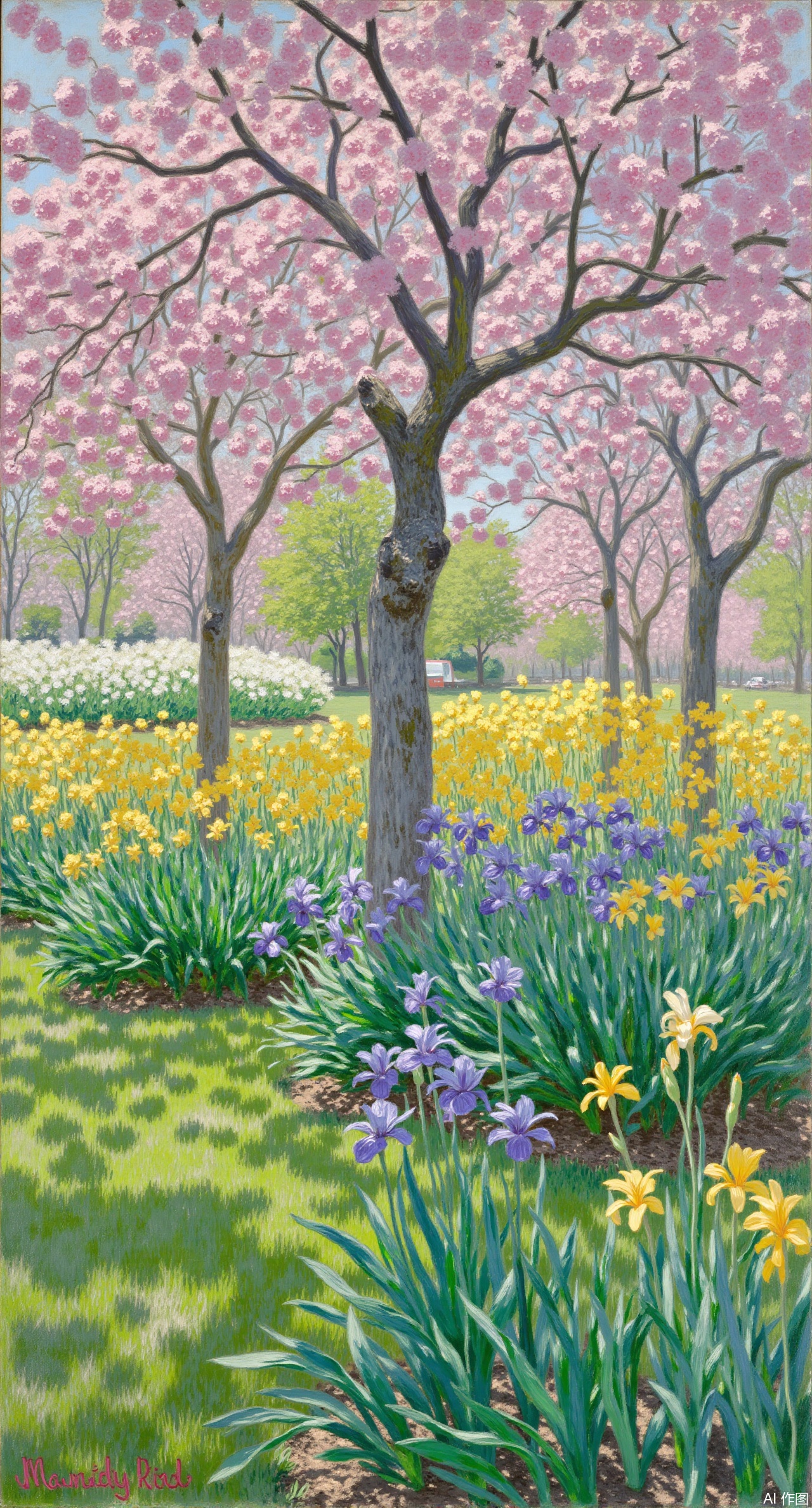 (masterpiece, best quality:1.2),A scene of a spring garden in the style of Monet, with various flowers blooming brightly. Pink cherry blossoms, purple irises, and yellow tulips blend together. Sunlight filters through the gaps in the leaves, creating dancing spots of light on the grass. Light brushstrokes depict the softness of the petals and the gentle breeze, with bright and layered colors, showing the vitality of spring.Xqianqianmeinu,Xmoxionghanfu,Xleisiqipao,Xxeushengxiaofu,Xxiajixiaofu,Xzileisiqipao,XluxueqiXY2,Xyaoyuexianzi,XteYK,Xdongjixiaofu2,Xclaudmonetstyle,XLiquidGlassMaterial,Xclaudmonet