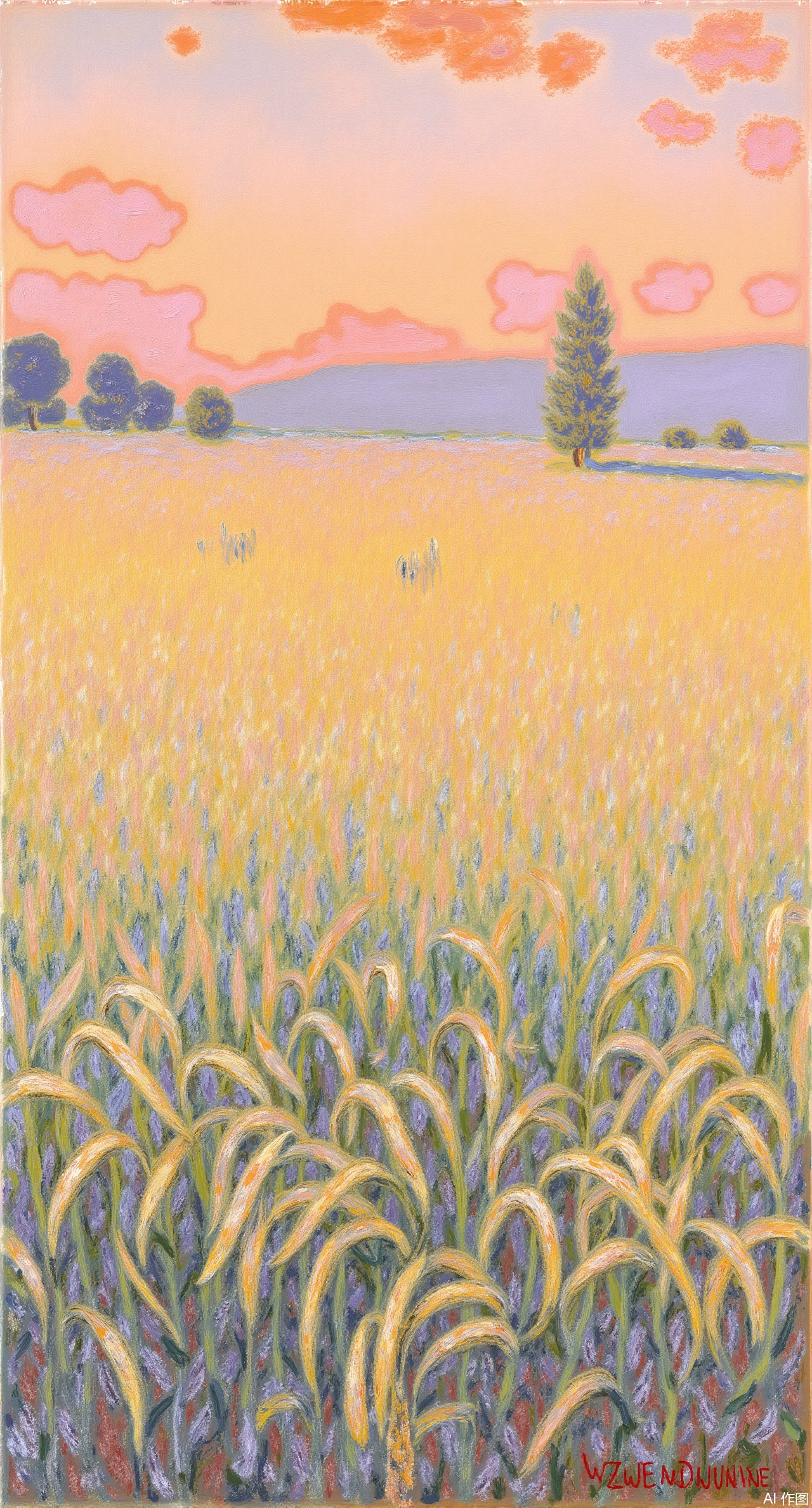 (masterpiece, best quality:1.2),A wheat field at sunset in the style of Monet, with golden wheat ears swaying gently in the breeze. The distant sky is painted in orange-red and pink-purple hues, with clouds floating dreamily. The outline of the farmhouse looms faintly in the twilight, and warm light casts dappled shadows on the wheat waves. The broken color technique is used to blend the colors, presenting a hazy atmosphere.Xqianqianmeinu,Xmoxionghanfu,Xleisiqipao,Xxeushengxiaofu,Xxiajixiaofu,Xzileisiqipao,XluxueqiXY2,Xyaoyuexianzi,XteYK,Xdongjixiaofu2,Xclaudmonetstyle,XLiquidGlassMaterial,Xclaudmonet