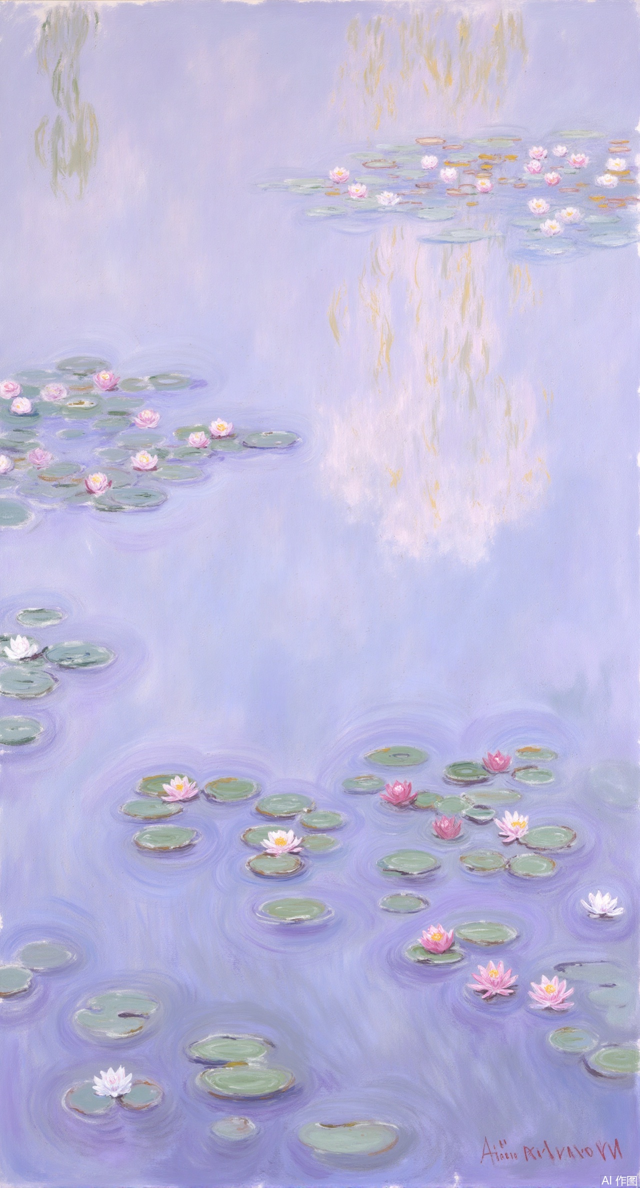 (masterpiece, best quality:1.2),A lakeside in the morning mist in the style of Monet, with pale purple and light blue fog shrouding the lake. The water shimmers with gentle ripples, reflecting the hazy silhouette of the weeping willows on the shore. Pink and white water lilies bloom quietly, with the edges of the petals tinged with golden morning light. Loose brushstrokes outline the glimmer of the water and the flow of the mist, creating an overall soft and dreamy color tone.,Xqianqianmeinu,Xmoxionghanfu,Xleisiqipao,Xxeushengxiaofu,Xxiajixiaofu,Xzileisiqipao,XluxueqiXY2,Xyaoyuexianzi,XteYK,Xdongjixiaofu2,Xclaudmonetstyle,XLiquidGlassMaterial,Xclaudmonet