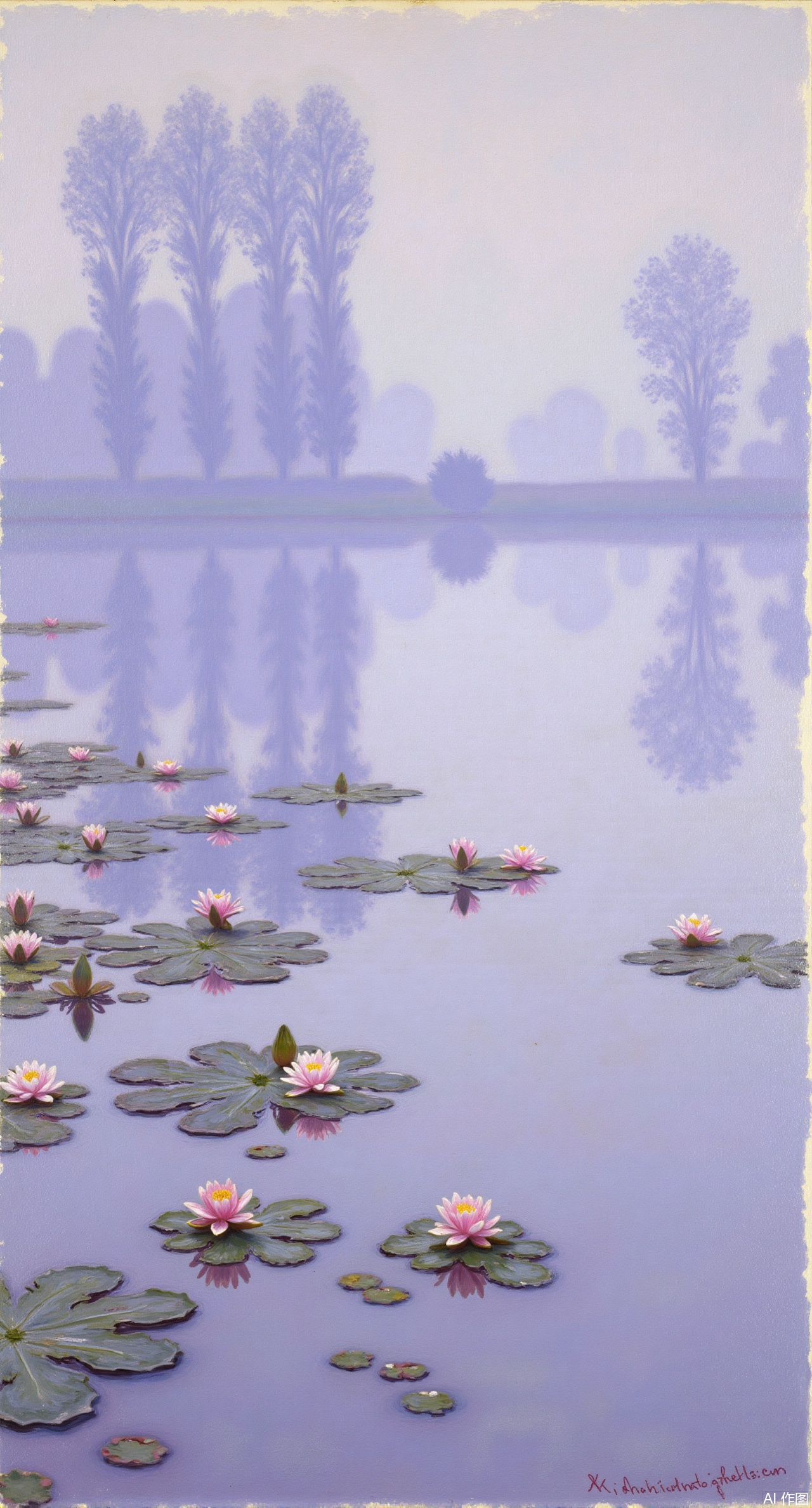 (masterpiece, best quality:1.2),A lakeside in the morning mist in the style of Monet, with pale purple and light blue fog shrouding the lake. The water shimmers with gentle ripples, reflecting the hazy silhouette of the weeping willows on the shore. Pink and white water lilies bloom quietly, with the edges of the petals tinged with golden morning light. Loose brushstrokes outline the glimmer of the water and the flow of the mist, creating an overall soft and dreamy color tone.,Xqianqianmeinu,Xmoxionghanfu,Xleisiqipao,Xxeushengxiaofu,Xxiajixiaofu,Xzileisiqipao,XluxueqiXY2,Xyaoyuexianzi,XteYK,Xdongjixiaofu2,Xclaudmonetstyle,XLiquidGlassMaterial,Xclaudmonet