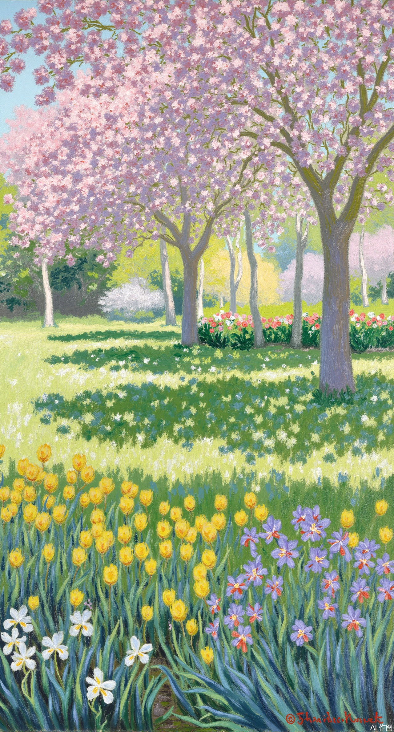 (masterpiece, best quality:1.2),A scene of a spring garden in the style of Monet, with various flowers blooming brightly. Pink cherry blossoms, purple irises, and yellow tulips blend together. Sunlight filters through the gaps in the leaves, creating dancing spots of light on the grass. Light brushstrokes depict the softness of the petals and the gentle breeze, with bright and layered colors, showing the vitality of spring.Xqianqianmeinu,Xmoxionghanfu,Xleisiqipao,Xxeushengxiaofu,Xxiajixiaofu,Xzileisiqipao,XluxueqiXY2,Xyaoyuexianzi,XteYK,Xdongjixiaofu2,Xclaudmonetstyle,XLiquidGlassMaterial,Xclaudmonet