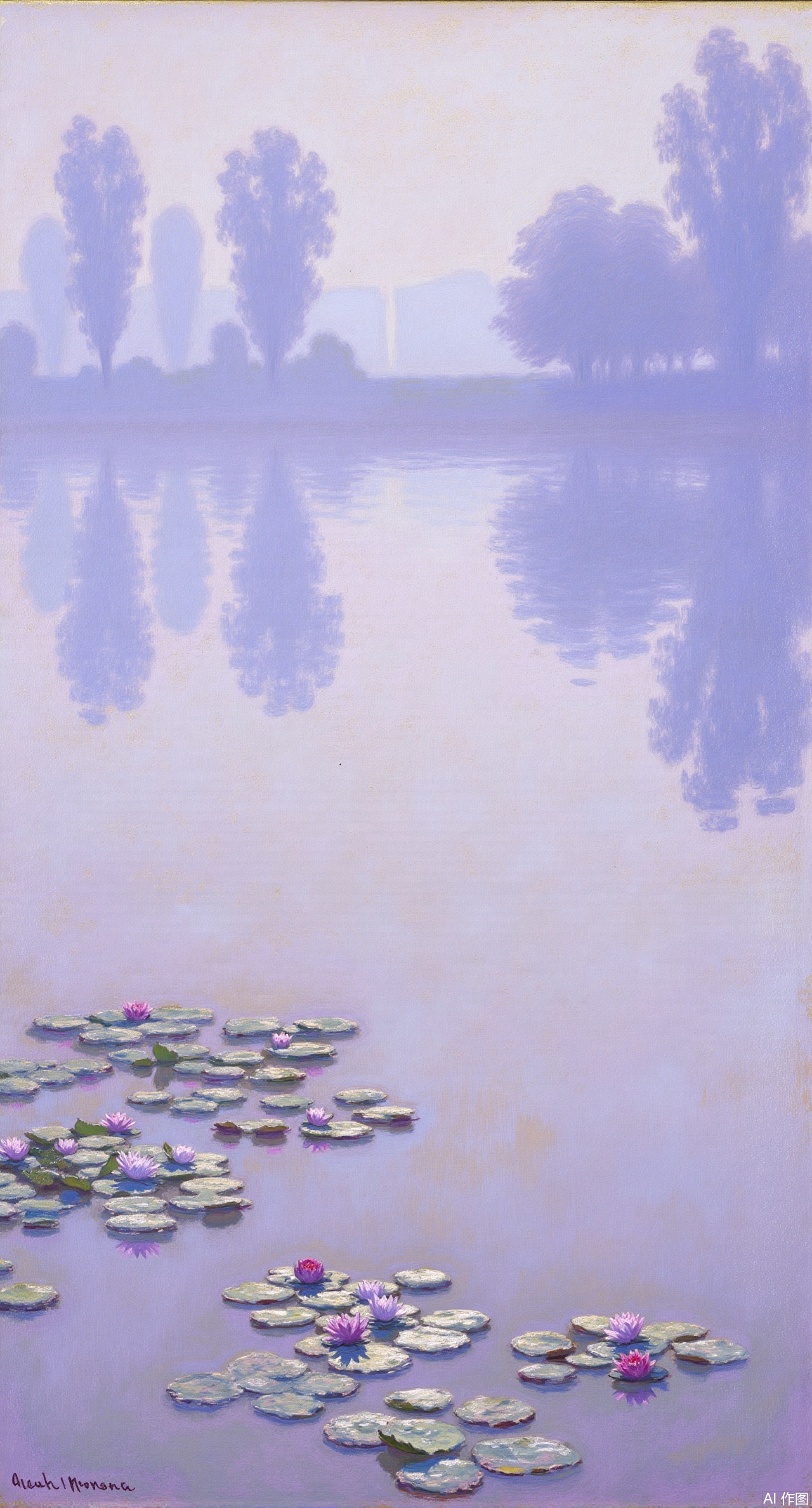 (masterpiece, best quality:1.2),A lakeside in the morning mist in the style of Monet, with pale purple and light blue fog shrouding the lake. The water shimmers with gentle ripples, reflecting the hazy silhouette of the weeping willows on the shore. Pink and white water lilies bloom quietly, with the edges of the petals tinged with golden morning light. Loose brushstrokes outline the glimmer of the water and the flow of the mist, creating an overall soft and dreamy color tone.,Xqianqianmeinu,Xmoxionghanfu,Xleisiqipao,Xxeushengxiaofu,Xxiajixiaofu,Xzileisiqipao,XluxueqiXY2,Xyaoyuexianzi,XteYK,Xdongjixiaofu2,Xclaudmonetstyle,XLiquidGlassMaterial,Xclaudmonet