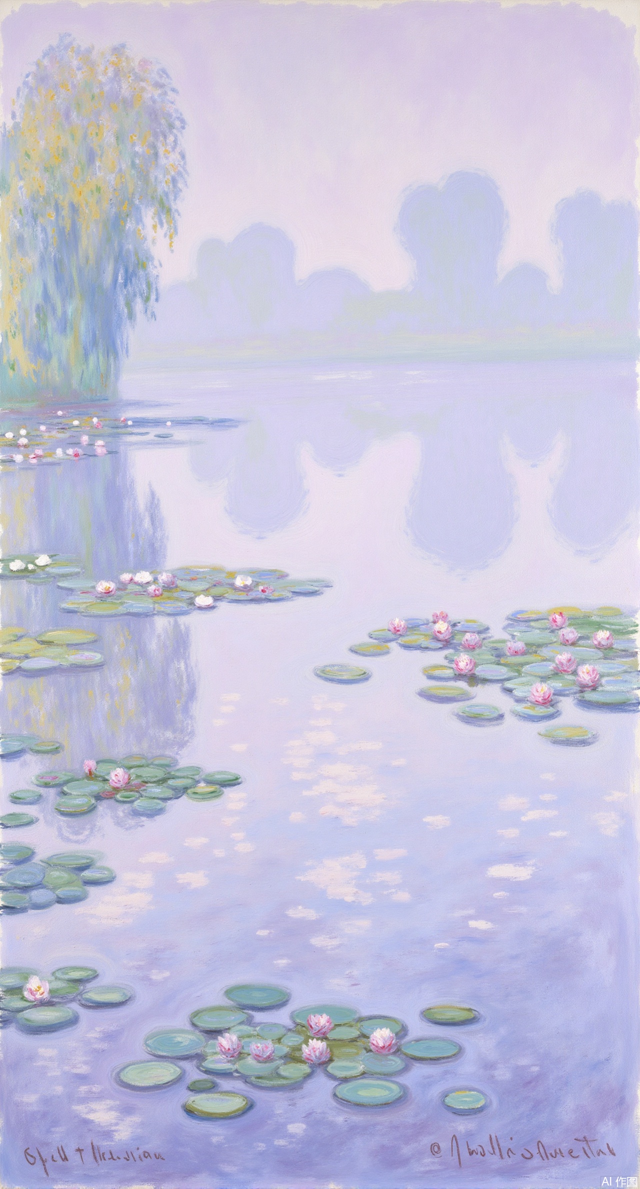 (masterpiece, best quality:1.2),A lakeside in the morning mist in the style of Monet, with pale purple and light blue fog shrouding the lake. The water shimmers with gentle ripples, reflecting the hazy silhouette of the weeping willows on the shore. Pink and white water lilies bloom quietly, with the edges of the petals tinged with golden morning light. Loose brushstrokes outline the glimmer of the water and the flow of the mist, creating an overall soft and dreamy color tone.,Xqianqianmeinu,Xmoxionghanfu,Xleisiqipao,Xxeushengxiaofu,Xxiajixiaofu,Xzileisiqipao,XluxueqiXY2,Xyaoyuexianzi,XteYK,Xdongjixiaofu2,Xclaudmonetstyle,XLiquidGlassMaterial,Xclaudmonet