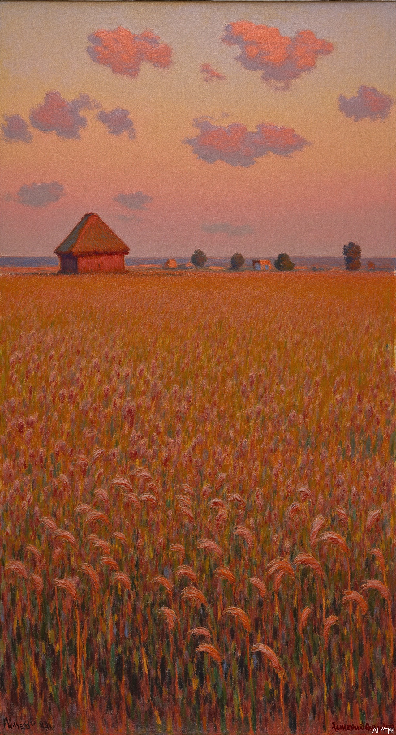 (masterpiece, best quality:1.2),A wheat field at sunset in the style of Monet, with golden wheat ears swaying gently in the breeze. The distant sky is painted in orange-red and pink-purple hues, with clouds floating dreamily. The outline of the farmhouse looms faintly in the twilight, and warm light casts dappled shadows on the wheat waves. The broken color technique is used to blend the colors, presenting a hazy atmosphere.Xqianqianmeinu,Xmoxionghanfu,Xleisiqipao,Xxeushengxiaofu,Xxiajixiaofu,Xzileisiqipao,XluxueqiXY2,Xyaoyuexianzi,XteYK,Xdongjixiaofu2,Xclaudmonetstyle,XLiquidGlassMaterial,Xclaudmonet