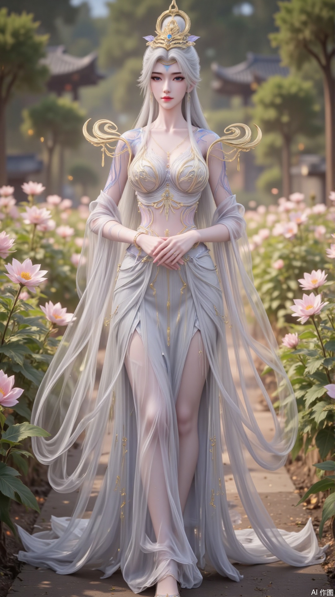 In "Perfect World", Mo Xian, dressed in a magnificent dress, strolled leisurely among the green flower beds. Her demeanor was extraordinary and transcendent, as if a divine maiden had descended to the mortal world, isolated from the mundane realm. The gentle morning sunlight gently fell on her hands, blending harmoniously with the surrounding environment, just like a breathtaking painting, making people involuntarily intoxicated by this tranquility and beauty.white hair,upper_body,
lvjing,moran,moxian,guoman