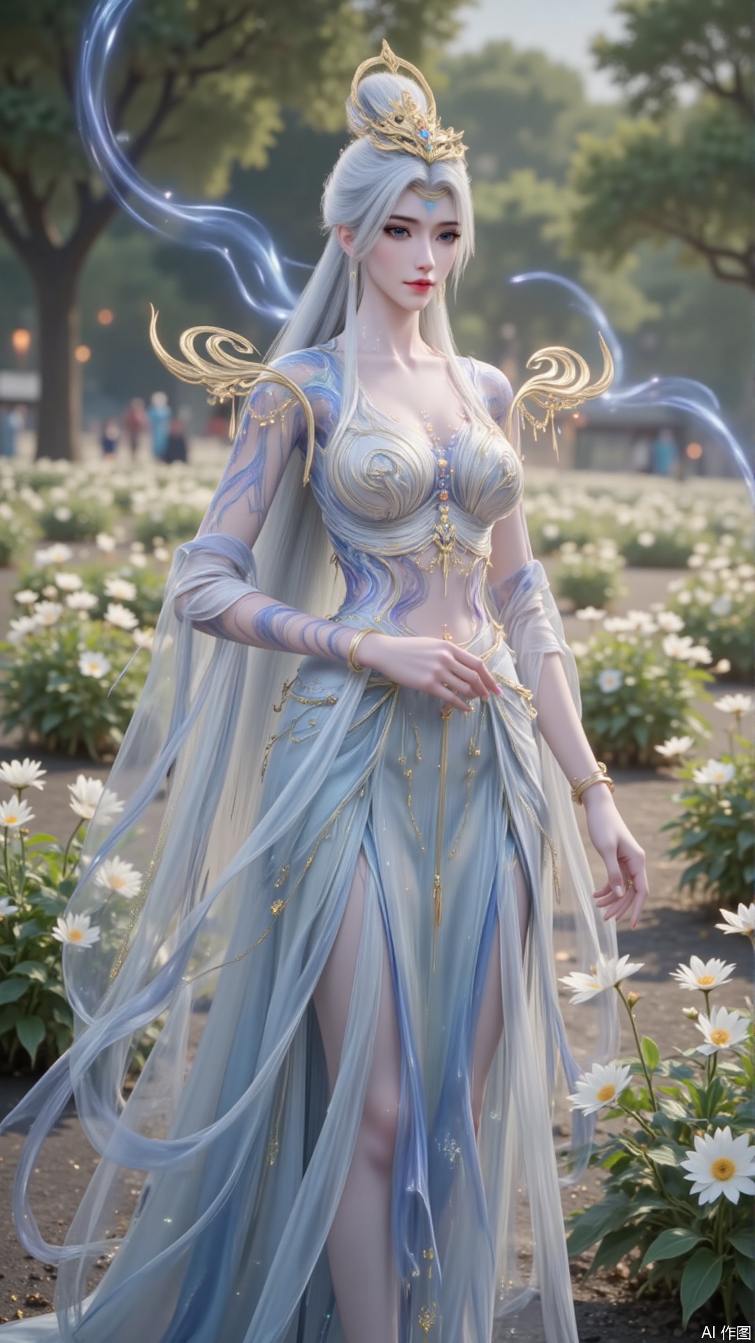 In "Perfect World", Mo Xian, dressed in a magnificent dress, strolled leisurely among the green flower beds. Her demeanor was extraordinary and transcendent, as if a divine maiden had descended to the mortal world, isolated from the mundane realm. The gentle morning sunlight gently fell on her hands, blending harmoniously with the surrounding environment, just like a breathtaking painting, making people involuntarily intoxicated by this tranquility and beauty.white hair,upper_body,
lvjing,moran,moxian,guoman