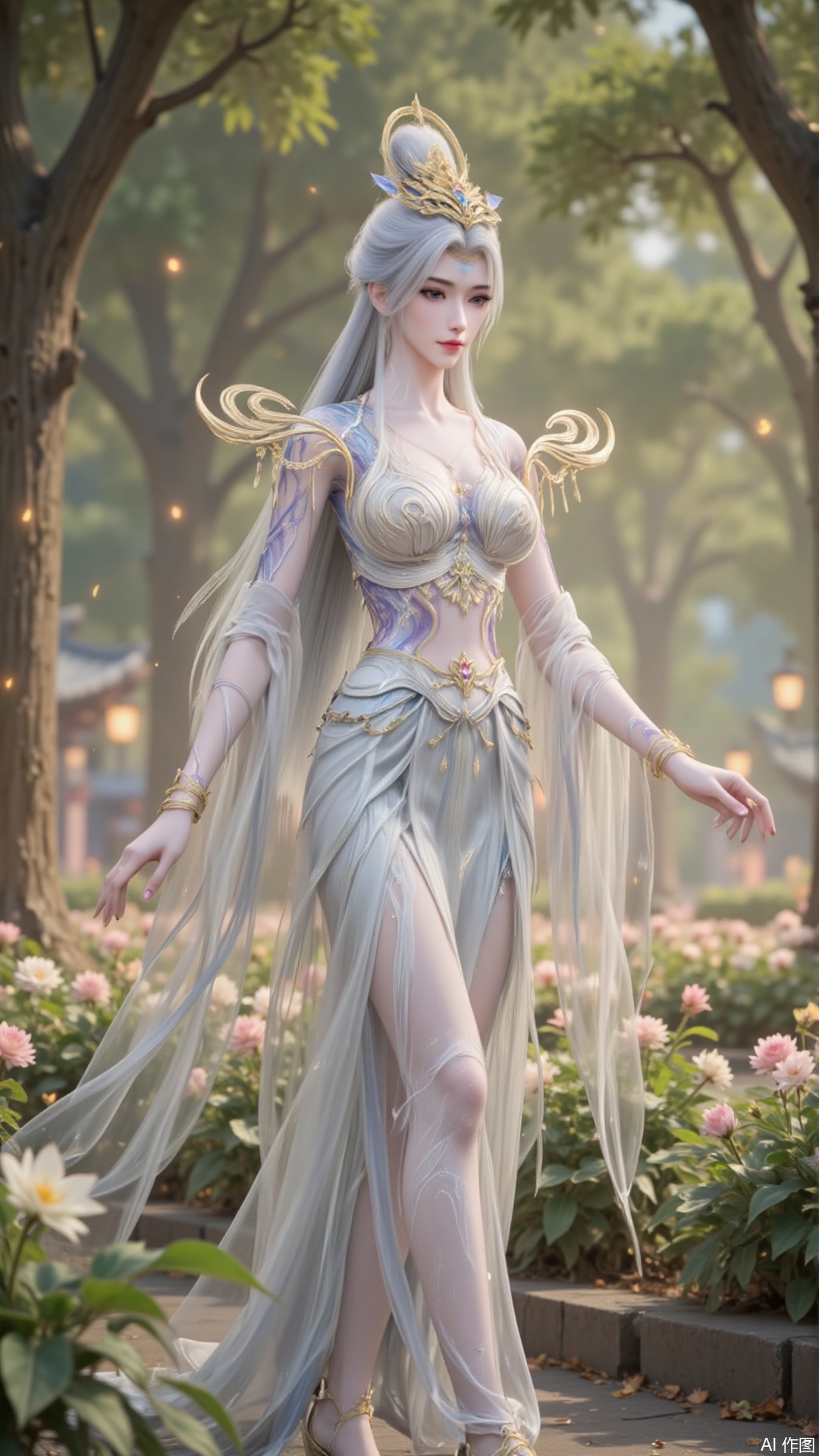 In "Perfect World", Mo Xian, dressed in a magnificent dress, strolled leisurely among the green flower beds. Her demeanor was extraordinary and transcendent, as if a divine maiden had descended to the mortal world, isolated from the mundane realm. The gentle morning sunlight gently fell on her hands, blending harmoniously with the surrounding environment, just like a breathtaking painting, making people involuntarily intoxicated by this tranquility and beauty.white hair,upper_body,
lvjing,moran,moxian,guoman