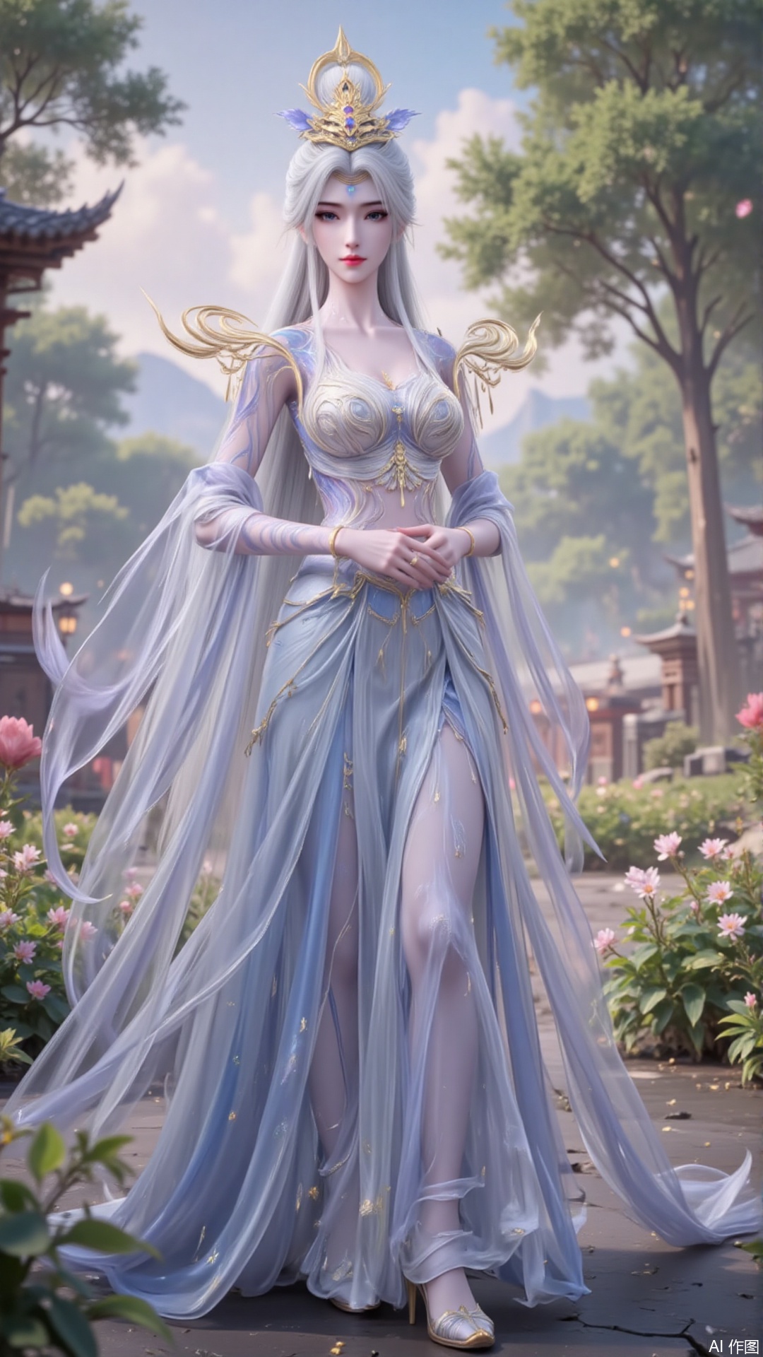 In "Perfect World", Mo Xian, dressed in a magnificent dress, strolled leisurely among the green flower beds. Her demeanor was extraordinary and transcendent, as if a divine maiden had descended to the mortal world, isolated from the mundane realm. The gentle morning sunlight gently fell on her hands, blending harmoniously with the surrounding environment, just like a breathtaking painting, making people involuntarily intoxicated by this tranquility and beauty.white hair,
lvjing,moran,moxian,guoman