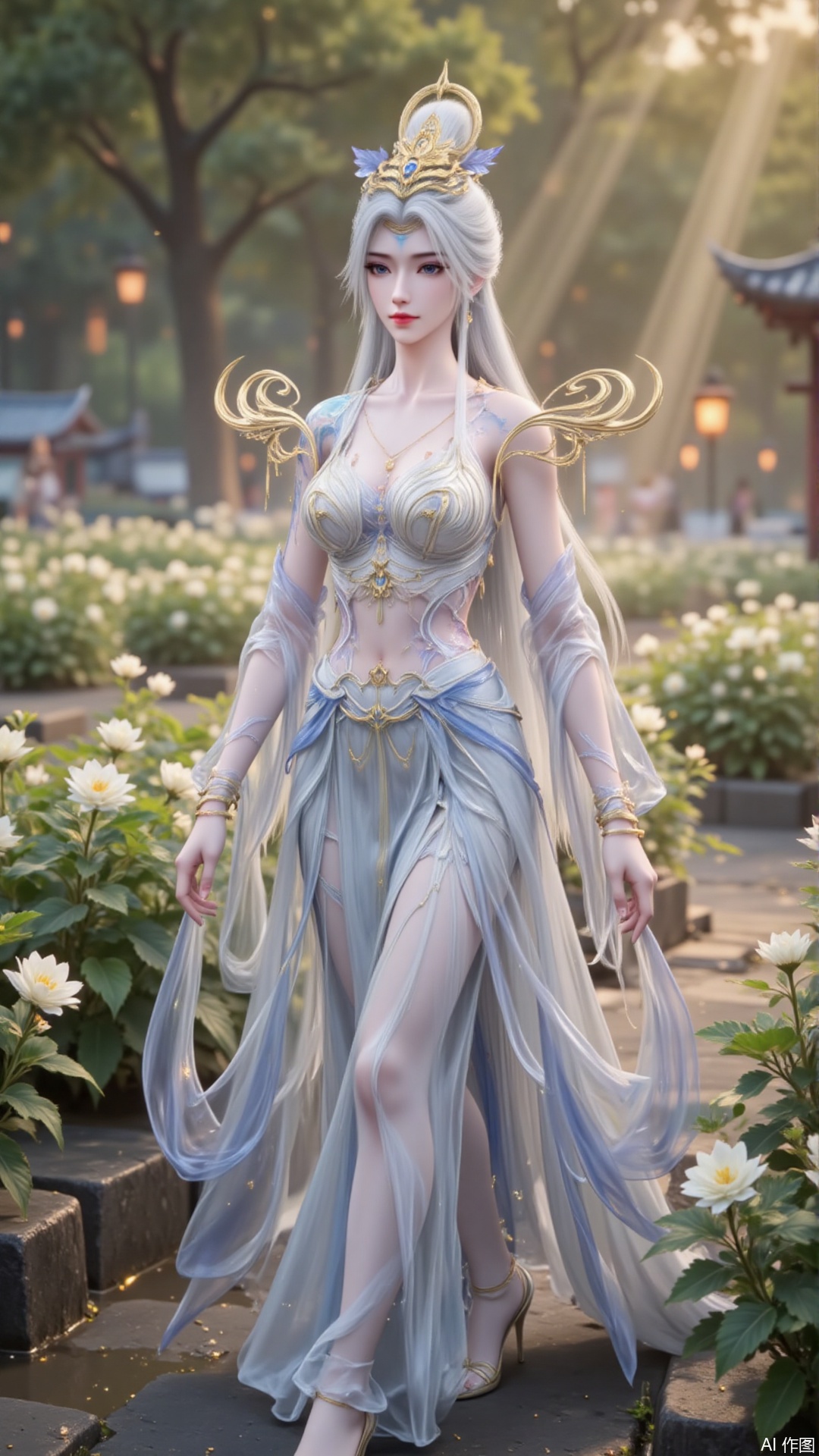In "Perfect World", Mo Xian, dressed in a magnificent dress, strolled leisurely among the green flower beds. Her demeanor was extraordinary and transcendent, as if a divine maiden had descended to the mortal world, isolated from the mundane realm. The gentle morning sunlight gently fell on her hands, blending harmoniously with the surrounding environment, just like a breathtaking painting, making people involuntarily intoxicated by this tranquility and beauty.white hair,
lvjing,moran,moxian,guoman