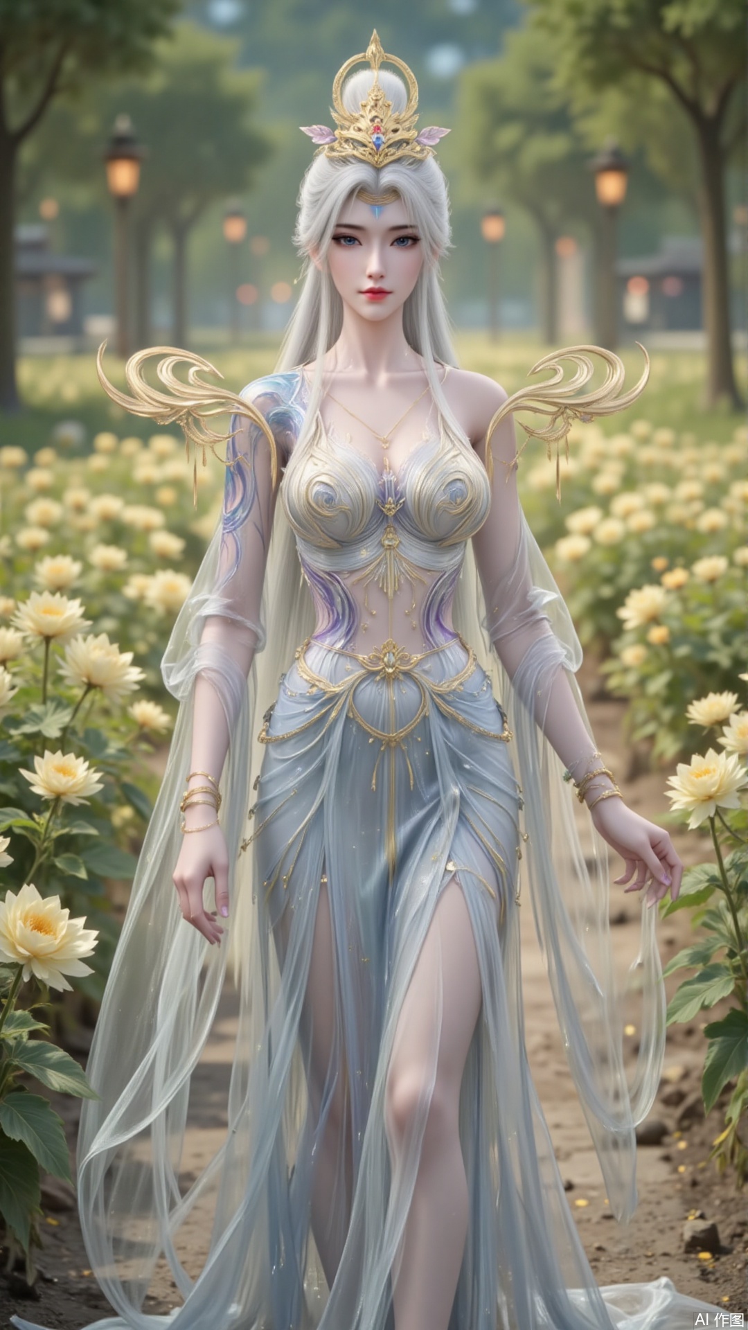 In "Perfect World", Mo Xian, dressed in a magnificent dress, strolled leisurely among the green flower beds. Her demeanor was extraordinary and transcendent, as if a divine maiden had descended to the mortal world, isolated from the mundane realm. The gentle morning sunlight gently fell on her hands, blending harmoniously with the surrounding environment, just like a breathtaking painting, making people involuntarily intoxicated by this tranquility and beauty.white hair,
lvjing,moran,moxian,guoman
