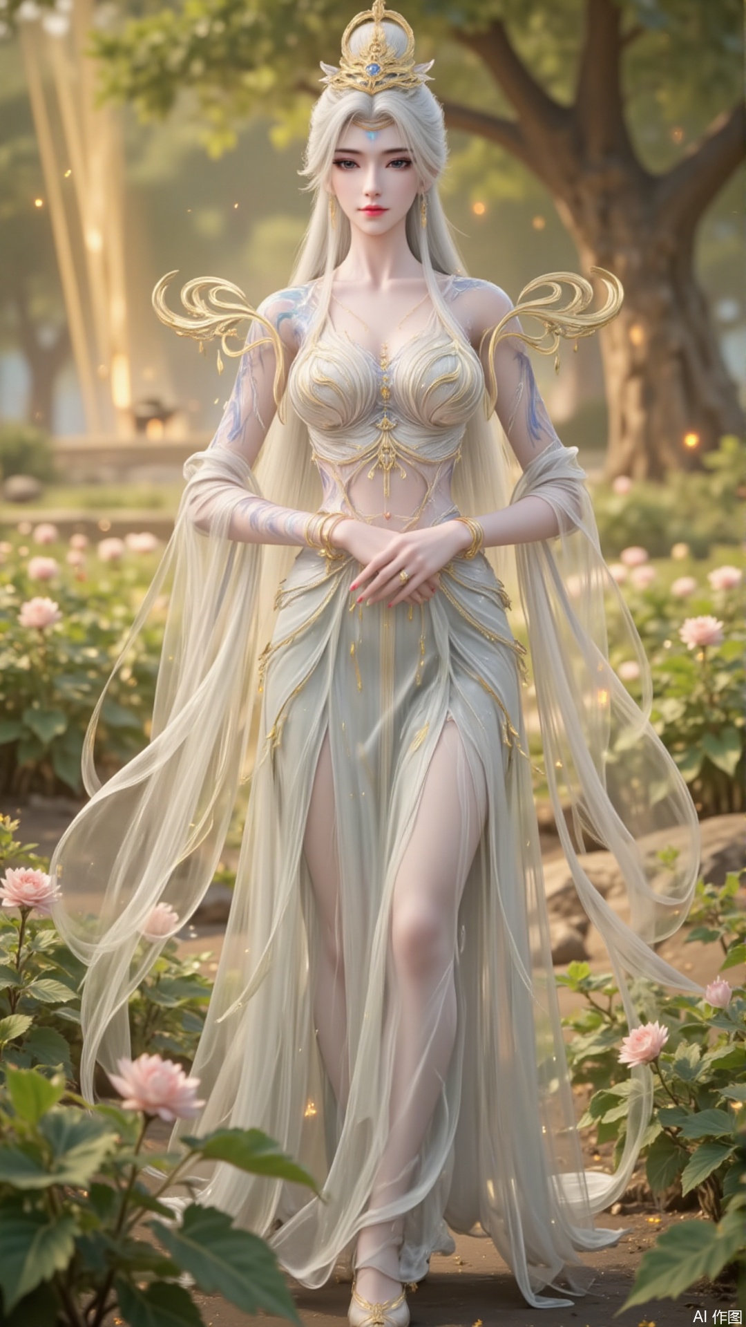 In "Perfect World", Mo Xian, dressed in a magnificent dress, strolled leisurely among the green flower beds. Her demeanor was extraordinary and transcendent, as if a divine maiden had descended to the mortal world, isolated from the mundane realm. The gentle morning sunlight gently fell on her hands, blending harmoniously with the surrounding environment, just like a breathtaking painting, making people involuntarily intoxicated by this tranquility and beauty.white hair,
lvjing,moran,moxian,guoman