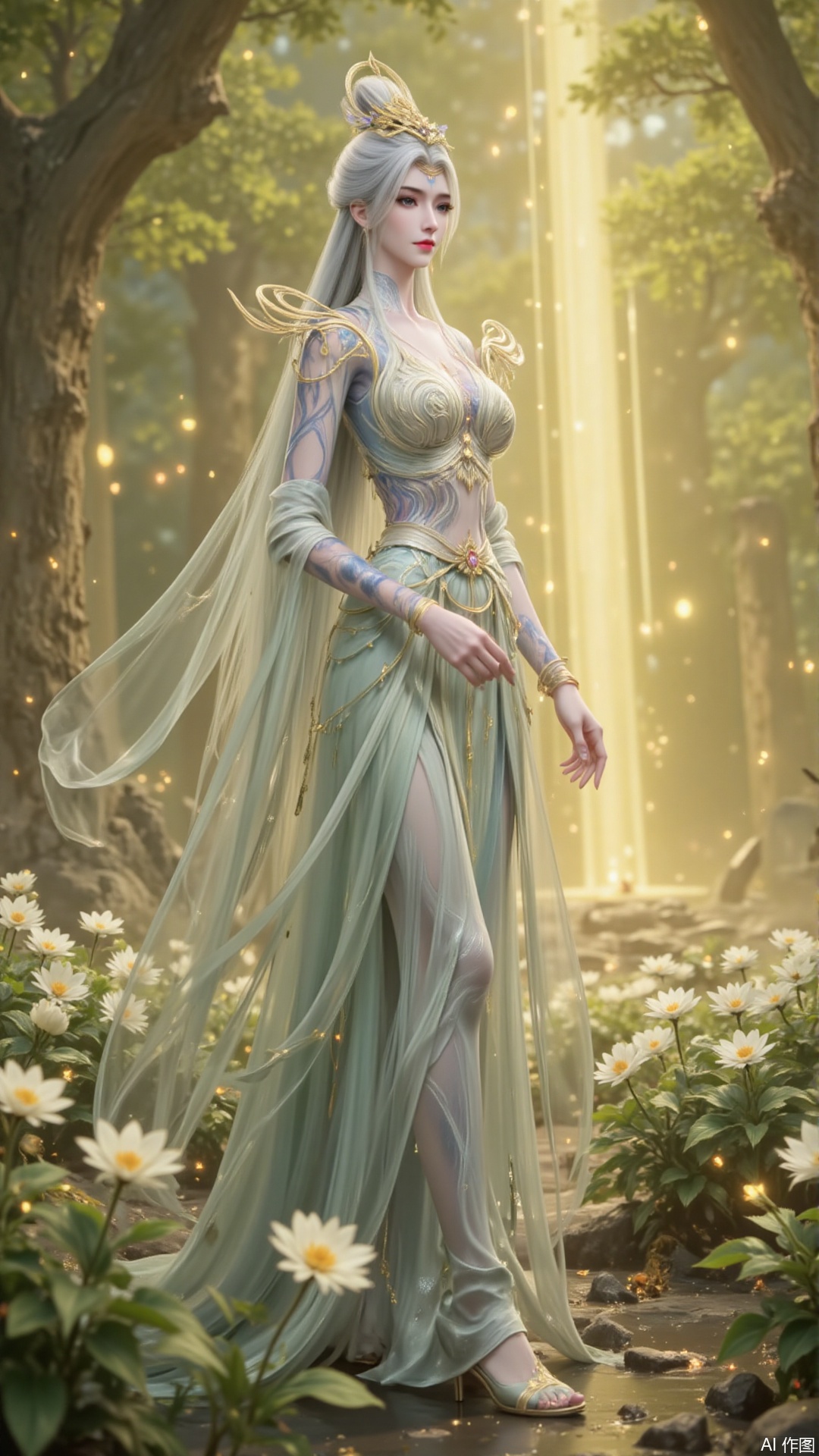 In "Perfect World", Mo Xian, dressed in a magnificent dress, strolled leisurely among the green flower beds. Her demeanor was extraordinary and transcendent, as if a divine maiden had descended to the mortal world, isolated from the mundane realm. The gentle morning sunlight gently fell on her hands, blending harmoniously with the surrounding environment, just like a breathtaking painting, making people involuntarily intoxicated by this tranquility and beauty.white hair,
lvjing,moran,moxian,guoman