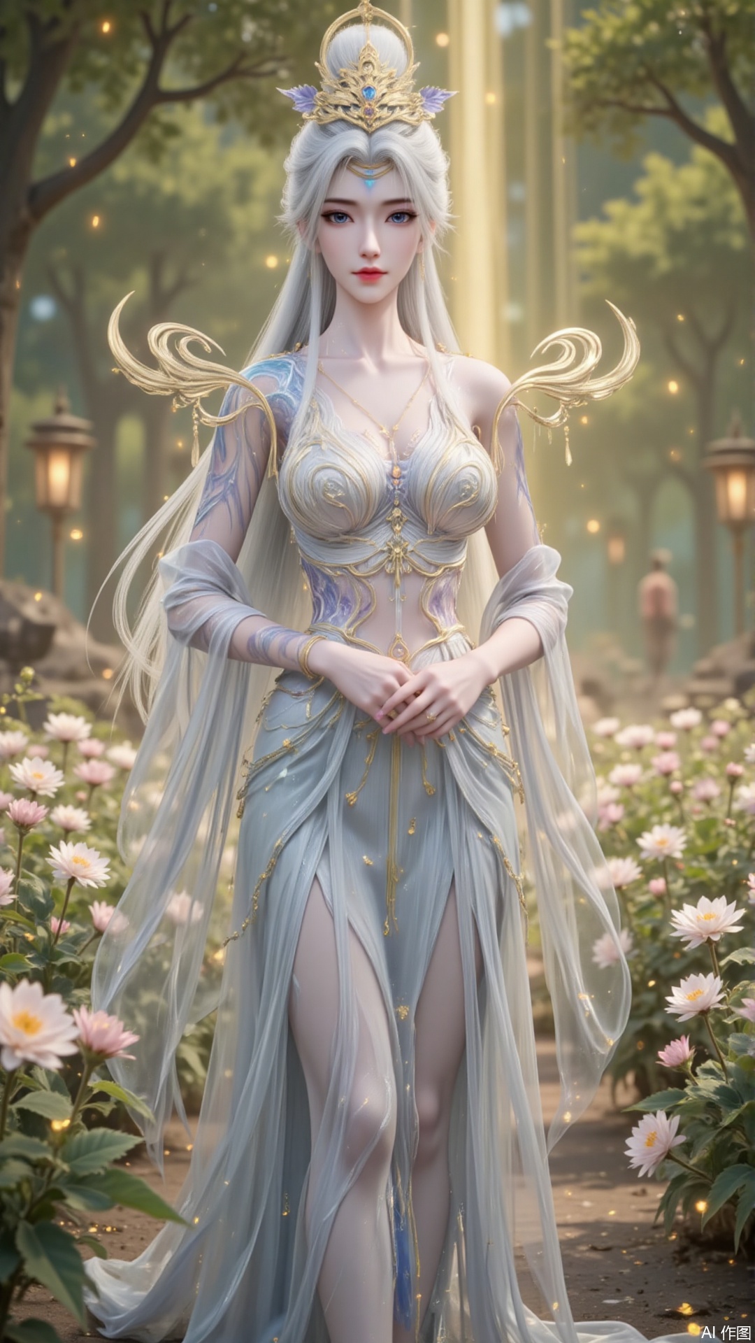 In "Perfect World", Mo Xian, dressed in a magnificent dress, strolled leisurely among the green flower beds. Her demeanor was extraordinary and transcendent, as if a divine maiden had descended to the mortal world, isolated from the mundane realm. The gentle morning sunlight gently fell on her hands, blending harmoniously with the surrounding environment, just like a breathtaking painting, making people involuntarily intoxicated by this tranquility and beauty.white hair,upper_body,
lvjing,moran,moxian,guoman