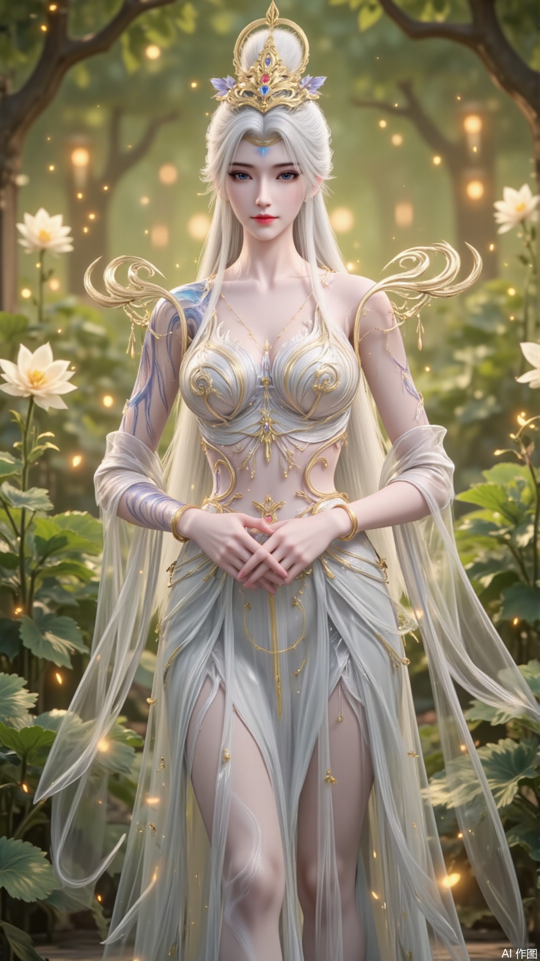 In "Perfect World", Mo Xian, dressed in a magnificent dress, strolled leisurely among the green flower beds. Her demeanor was extraordinary and transcendent, as if a divine maiden had descended to the mortal world, isolated from the mundane realm. The gentle morning sunlight gently fell on her hands, blending harmoniously with the surrounding environment, just like a breathtaking painting, making people involuntarily intoxicated by this tranquility and beauty.white hair,
lvjing,moran,moxian,guoman