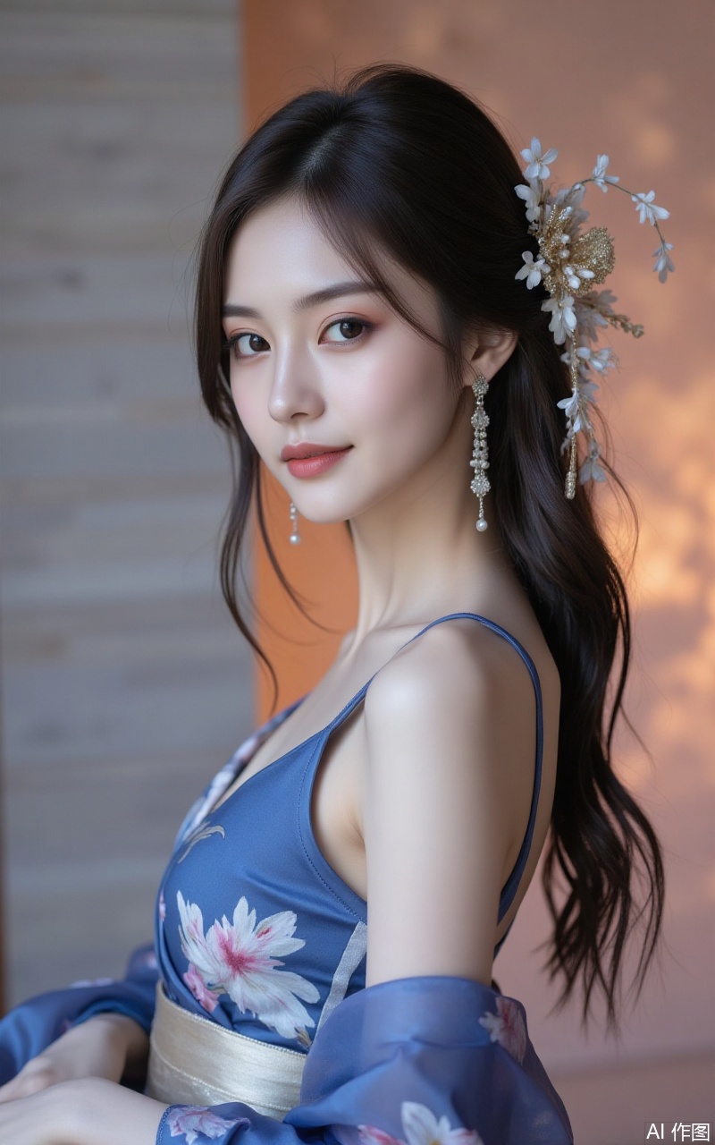 xiaomei,pifu,black hair,long hair,grey eyes,fair_skin,earrings,jewelry,hunsha, dress, wedding dress, 
1girl,breasts,solo,japanese clothes,hair ornament,kimono,flower,hair flower,sash,blue kimono,large breasts,choker,looking at viewer,cleavage,bare shoulders,obi,off shoulder,earrings,smile,jewelry,floral print,closed mouth,makeup,from side,long sleeves,
close-up details,realistic,outstanding style,adding a touch of dimension to your images without compromising details,whirls of vapor,iridescent textures,ethereal ambiance,delicate details,magical high-concept,32K UHD,sharp focus,best-quality,masterpiece,golden hour,unconventional supreme masterpiece,masterful details,temperate atmosphere,with a high-end texture,in the style of fashion photography,photography,cover,dynamic angle,dynamic posture,extreme aesthetic,masterpiece,best quality,good quality,very aesthetic,absurdres,visual impact,a shot with tension,ultra-high resolution,32K UHD,sharp focus,best-quality,masterpiece,emotionalization,unconventional supreme masterpiece,masterful details,temperate atmosphere,with a high-end texture,in the style of fashion photography,(visual impact:1.2),giving the poster a dynamic and visually striking appearance,impactful picture,official art,colorful,splash of color,movie perspective,masterpiece,best quality,amazing quality,very aesthetic,absurdres,best quality,newest,