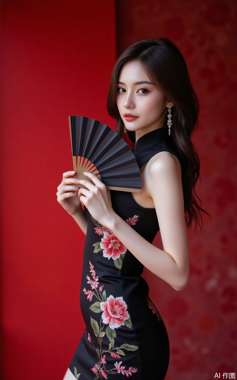 xiaomei,pifu,black hair,long hair,grey eyes,fair_skin,earrings,jewelry,hunsha, dress, wedding dress, 1girl,dress,hand fan,holding,solo,earrings,jewelry,chinese clothes,china dress,black dress,holding fan,floral print,blurry,sleeveless,looking at viewer,sleeveless dress,red background,folding fan,standing,head tilt,2,cover,simple background,gradient background,close-up details,outstanding style,adding a touch of dimension to your images without compromising details,close-up