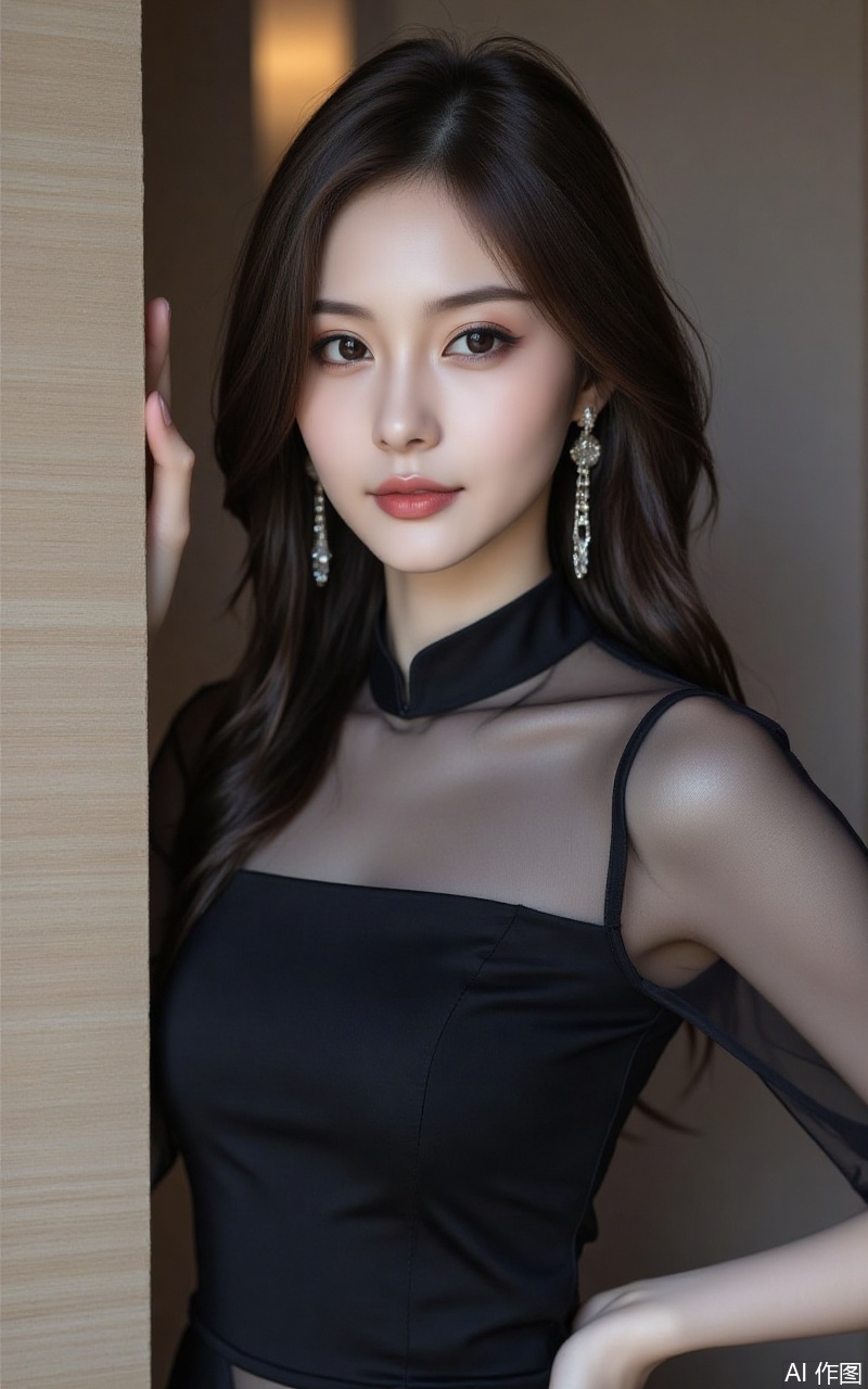 xiaomei,pifu,black hair,long hair,grey eyes,fair_skin,earrings,jewelry,hunsha, dress, wedding dress, 
1girl,solo,jewelry,earrings,see-through,dress,upper body,black dress,hand on own hip,breasts,see-through sleeves, 
close-up details,realistic,outstanding style,adding a touch of dimension to your images without compromising details,whirls of vapor,iridescent textures,ethereal ambiance,delicate details,magical high-concept,32K UHD,sharp focus,best-quality,masterpiece,golden hour,unconventional supreme masterpiece,masterful details,temperate atmosphere,with a high-end texture,in the style of fashion photography,photography,cover,dynamic angle,dynamic posture,extreme aesthetic,masterpiece,best quality,good quality,very aesthetic,absurdres,visual impact,a shot with tension,ultra-high resolution,32K UHD,sharp focus,best-quality,masterpiece,emotionalization,unconventional supreme masterpiece,masterful details,temperate atmosphere,with a high-end texture,in the style of fashion photography,(visual impact:1.2),giving the poster a dynamic and visually striking appearance,impactful picture,official art,colorful,splash of color,movie perspective,masterpiece,best quality,amazing quality,very aesthetic,absurdres,best quality,newest,