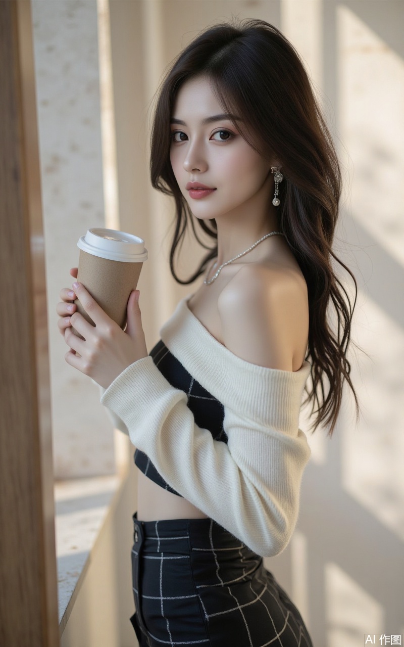 xiaomei,pifu,black hair,long hair,grey eyes,fair_skin,earrings,jewelry,hunsha, dress, wedding dress, 
1girl,solo,skirt,off shoulder,off-shoulder sweater,jewelry,white sweater,necklace,cup,bare shoulders,holding,sweater,disposable cup,breasts,black skirt,plaid skirt,collarbone,plaid,blurry background,crop top,holding cup,blurry,midriff,long sleeves,large breasts,
close-up details,realistic,outstanding style,adding a touch of dimension to your images without compromising details,whirls of vapor,iridescent textures,ethereal ambiance,delicate details,magical high-concept,32K UHD,sharp focus,best-quality,masterpiece,golden hour,unconventional supreme masterpiece,masterful details,temperate atmosphere,with a high-end texture,in the style of fashion photography,photography,cover,dynamic angle,dynamic posture,extreme aesthetic,masterpiece,best quality,good quality,very aesthetic,absurdres,visual impact,a shot with tension,ultra-high resolution,32K UHD,sharp focus,best-quality,masterpiece,emotionalization,unconventional supreme masterpiece,masterful details,temperate atmosphere,with a high-end texture,in the style of fashion photography,(visual impact:1.2),giving the poster a dynamic and visually striking appearance,impactful picture,official art,colorful,splash of color,movie perspective,masterpiece,best quality,amazing quality,very aesthetic,absurdres,best quality,newest,