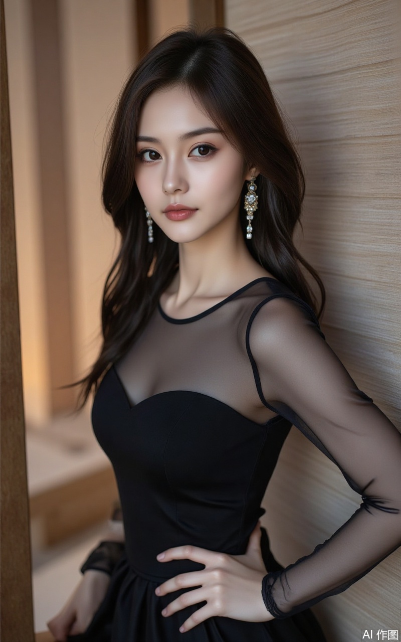 xiaomei,pifu,black hair,long hair,grey eyes,fair_skin,earrings,jewelry,hunsha, dress, wedding dress, 
1girl,solo,jewelry,earrings,see-through,dress,upper body,black dress,hand on own hip,breasts,see-through sleeves, 
close-up details,realistic,outstanding style,adding a touch of dimension to your images without compromising details,whirls of vapor,iridescent textures,ethereal ambiance,delicate details,magical high-concept,32K UHD,sharp focus,best-quality,masterpiece,golden hour,unconventional supreme masterpiece,masterful details,temperate atmosphere,with a high-end texture,in the style of fashion photography,photography,cover,dynamic angle,dynamic posture,extreme aesthetic,masterpiece,best quality,good quality,very aesthetic,absurdres,visual impact,a shot with tension,ultra-high resolution,32K UHD,sharp focus,best-quality,masterpiece,emotionalization,unconventional supreme masterpiece,masterful details,temperate atmosphere,with a high-end texture,in the style of fashion photography,(visual impact:1.2),giving the poster a dynamic and visually striking appearance,impactful picture,official art,colorful,splash of color,movie perspective,masterpiece,best quality,amazing quality,very aesthetic,absurdres,best quality,newest,