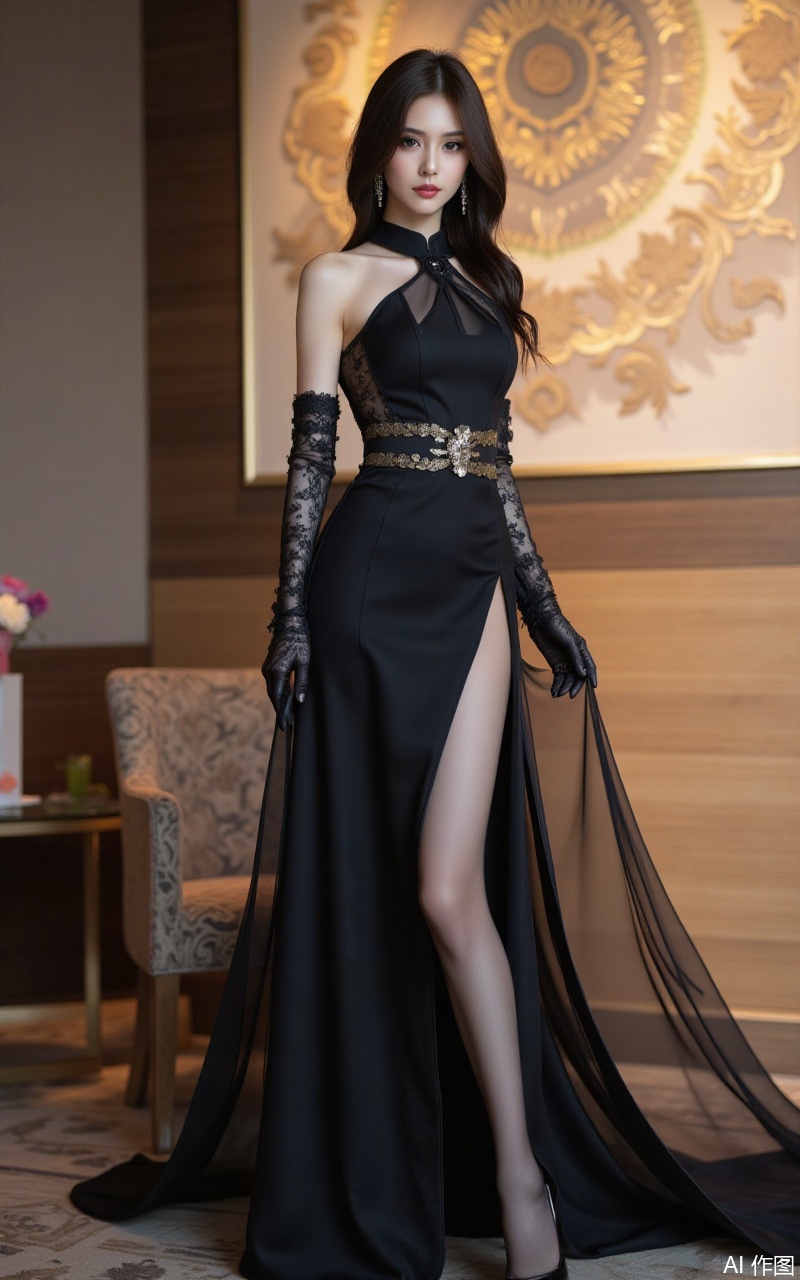 xiaomei,pifu,black hair,long hair,grey eyes,fair_skin,earrings,jewelry,hunsha, dress, wedding dress, 
1girl,breasts,solo,dress,gloves,large breasts,black dress,elbow gloves,full body,chinese clothes,black footwear,flower,bare shoulders,china dress,looking at viewer,official alternate costume,hair flower,high heels,standing,hair ornament,pelvic curtain,bodystocking,black gloves,cleavage,see-through,mole,lace-trimmed gloves,

close-up details,realistic,outstanding style,adding a touch of dimension to your images without compromising details,whirls of vapor,iridescent textures,ethereal ambiance,delicate details,magical high-concept,32K UHD,sharp focus,best-quality,masterpiece,golden hour,unconventional supreme masterpiece,masterful details,temperate atmosphere,with a high-end texture,in the style of fashion photography,photography,cover,dynamic angle,dynamic posture,extreme aesthetic,masterpiece,best quality,good quality,very aesthetic,absurdres,visual impact,a shot with tension,ultra-high resolution,32K UHD,sharp focus,best-quality,masterpiece,emotionalization,unconventional supreme masterpiece,masterful details,temperate atmosphere,with a high-end texture,in the style of fashion photography,(visual impact:1.2),giving the poster a dynamic and visually striking appearance,impactful picture,official art,colorful,splash of color,movie perspective,masterpiece,best quality,amazing quality,very aesthetic,absurdres,best quality,newest,