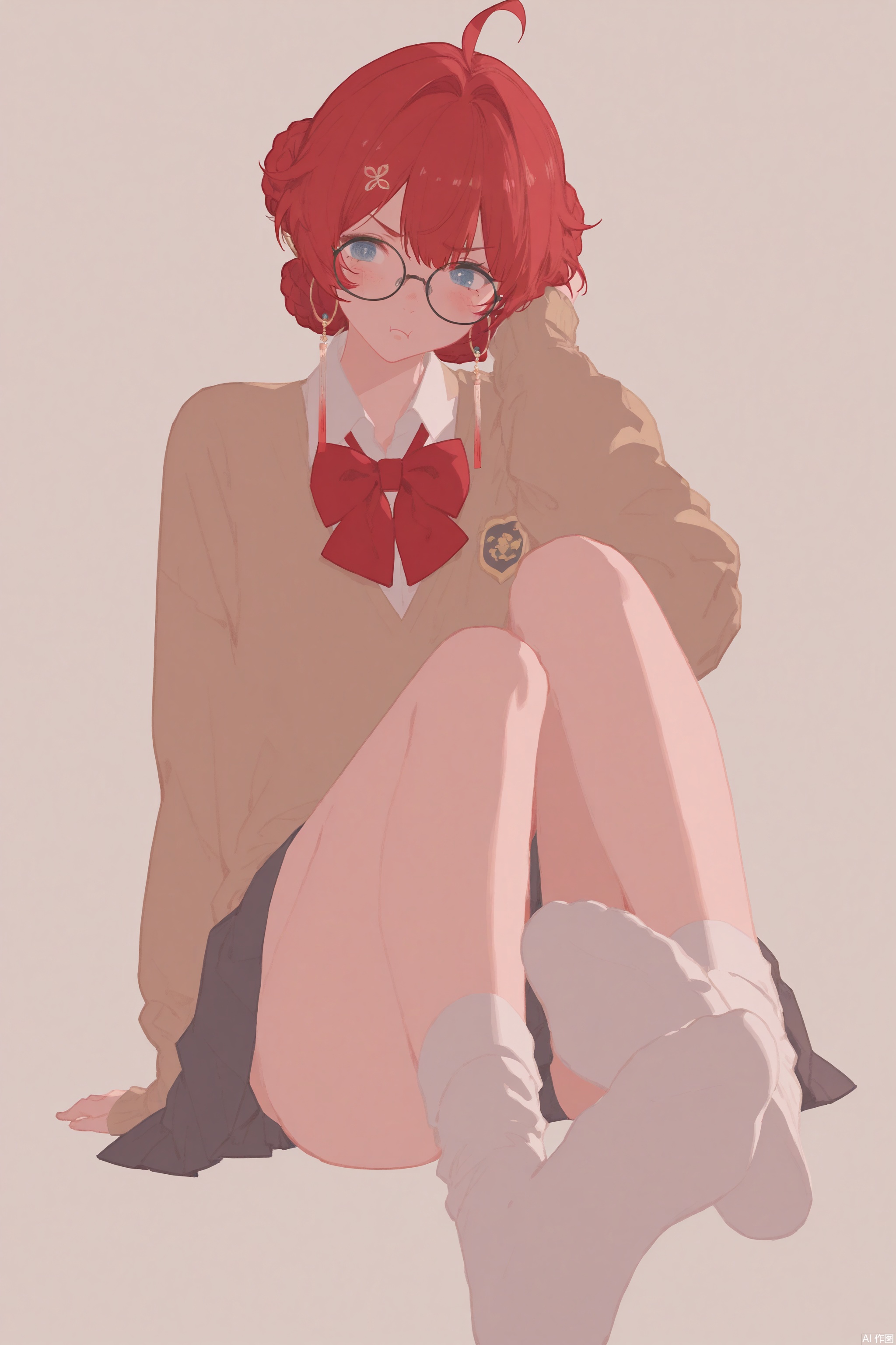 masterpiece,best quality, amazing quality,newest,absurdres,highres,very awa, danjin, danjin\(wuthering waves\), solo,1girl, school_uniform, long sleeves, braid buns, earrings, red hair, sitting, black round glasses, pout, tsunderia, official_art, red bowtie, side lighting,white socks, simple_background,cute,full_body, foot_focus,