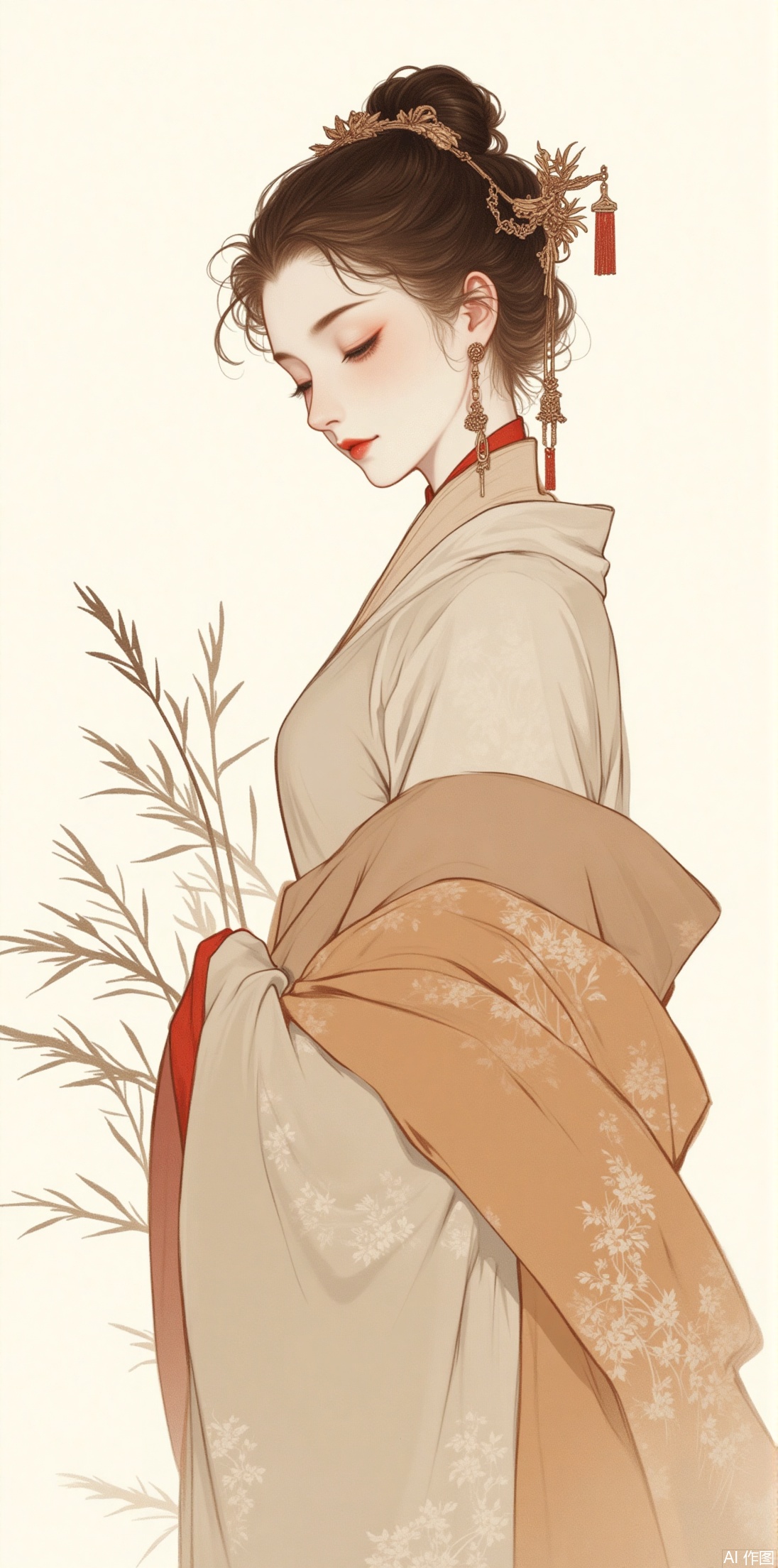 1girl, solo, brown hair, black hair, hair ornament, long sleeves, jewelry, closed mouth, closed eyes, upper body, earrings, wide sleeves, hair bun, from side, profile, makeup, chinese clothes, plant, shawl, branch, red lips, hanfu