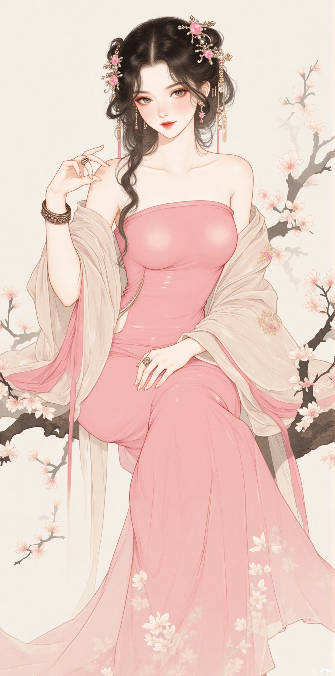 1girl, solo, looking at viewer, black hair, hair ornament, pink dress, bare shoulders, jewelry, sitting,long legs ,flowers,bracelet, chinese clothes, ring, crossed legs, china dress, side slit, realistic