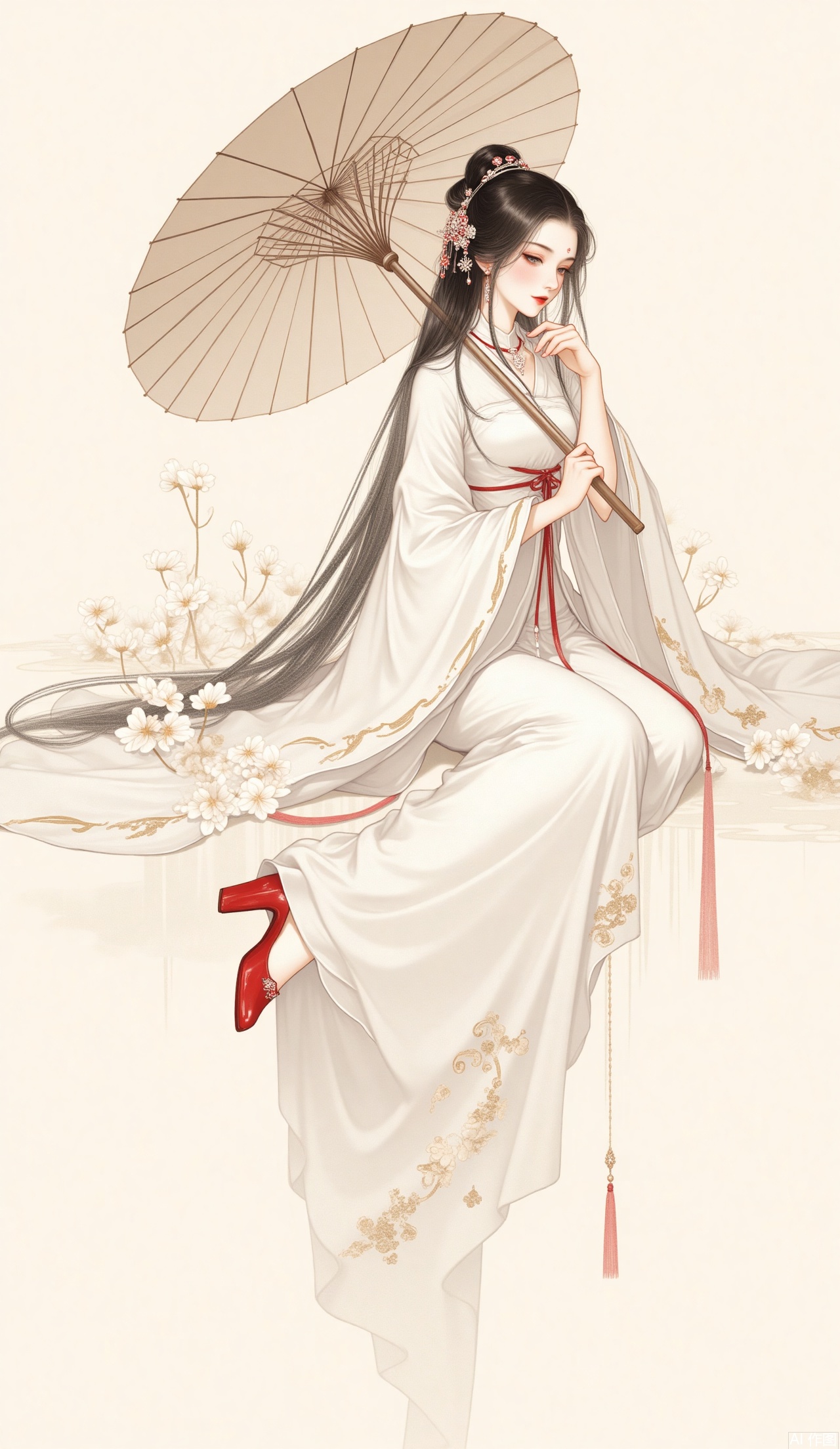 1girl, solo, long hair, black hair, hair ornament, long sleeves, dress, holding, jewelry, sitting, full body, flower, wide sleeves, white dress, umbrella, chinese clothes, red footwear, holding umbrella, oil-paper umbrella, hanfu