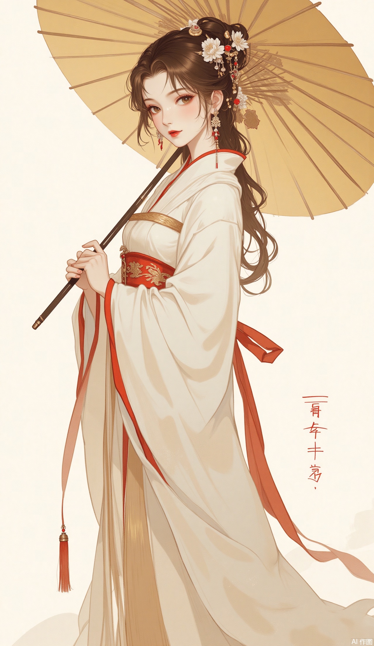 1girl, solo, long hair, looking at viewer, brown hair, black hair, hair ornament, long sleeves, holding, brown eyes, jewelry, closed mouth, standing, flower, earrings, artist name, hair flower, wide sleeves, lips, umbrella, chinese clothes, tassel, paper, holding umbrella, red lips, oil-paper umbrella, hanfu,bihua