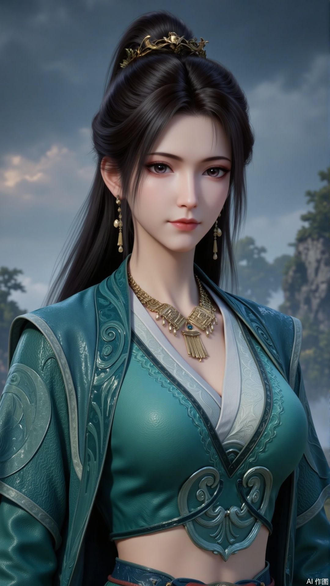 mupeiling,1girl,solo,jewelry,long hair,earrings,brown hair,hair ornament,necklace,realistic,dress,black hair,closed mouth,ponytail,green dress,long sleeves,chinese clothes,looking_at_viewer,cover,gradient background,close-up details,outstanding style,adding a touch of dimension to your images without compromising details,close-up,guoman,lvjing