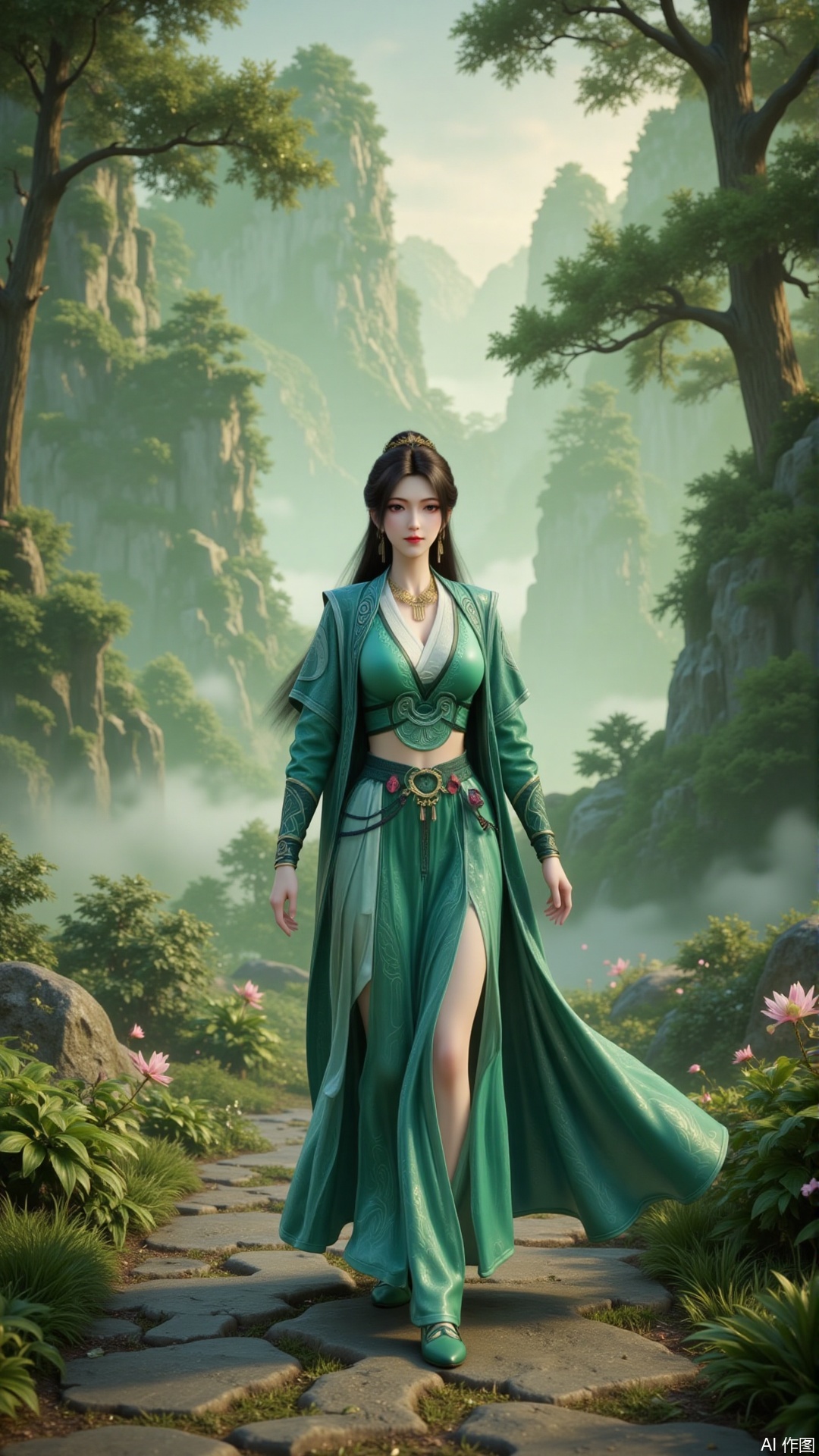 mupeiling,In "The Ordinary Man's Cultivation Journey", the graceful Mu Peiling, dressed in a magnificent green dress, strolls leisurely along the green path in the early morning. The soft light of the dawn gently fell on her hands, and the person and the surrounding scenery merged perfectly, creating an otherworldly and ethereal atmosphere.
guoman,lvjing