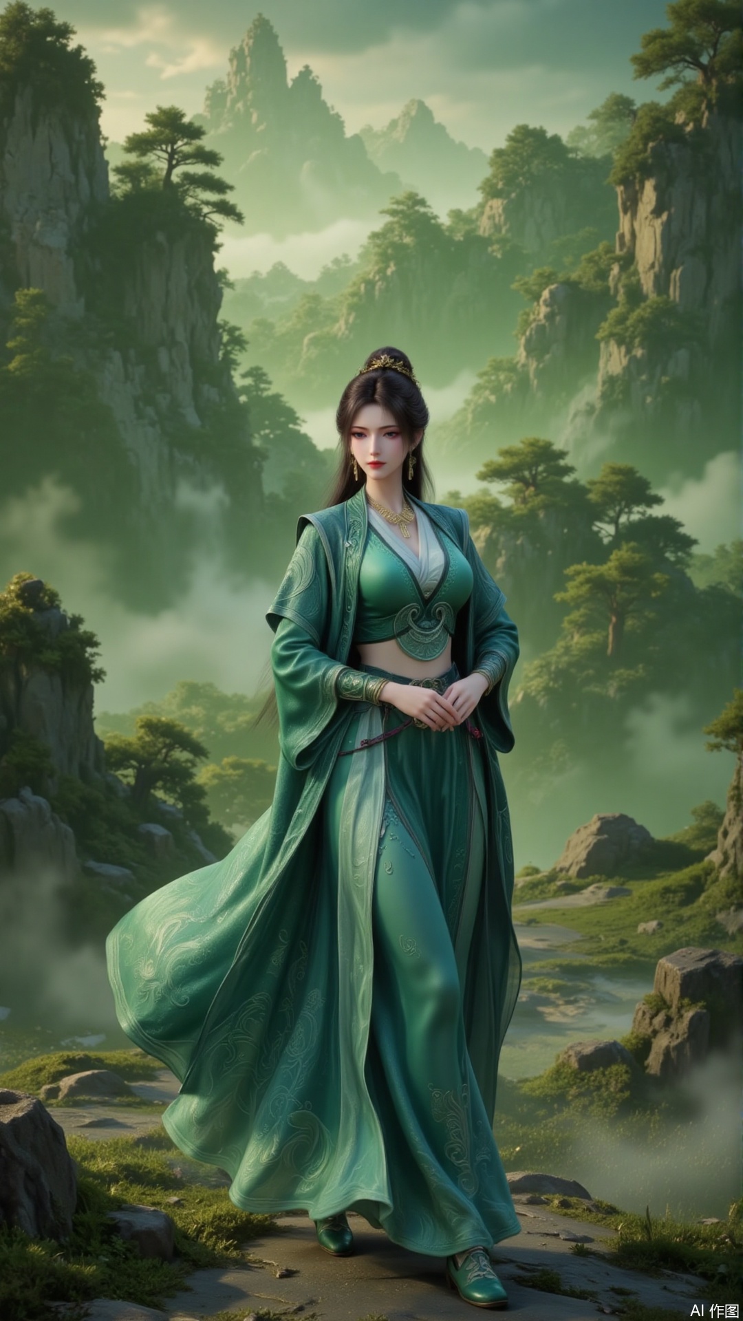 mupeiling,In "The Ordinary Man's Cultivation Journey", the graceful Mu Peiling, dressed in a magnificent green dress, strolls leisurely along the green path in the early morning. The soft light of the dawn gently fell on her hands, and the person and the surrounding scenery merged perfectly, creating an otherworldly and ethereal atmosphere.
guoman,lvjing,moran