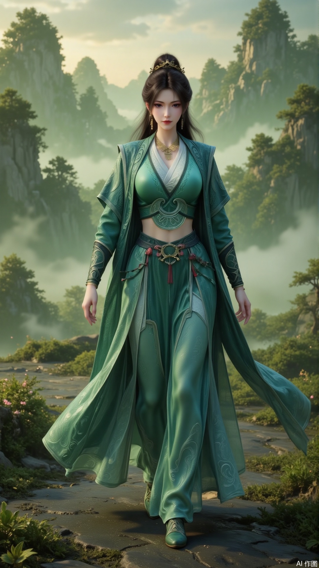 mupeiling,In "The Ordinary Man's Cultivation Journey", the graceful Mu Peiling, dressed in a magnificent green dress, strolls leisurely along the green path in the early morning. The soft light of the dawn gently fell on her hands, and the person and the surrounding scenery merged perfectly, creating an otherworldly and ethereal atmosphere.
guoman,lvjing,moran