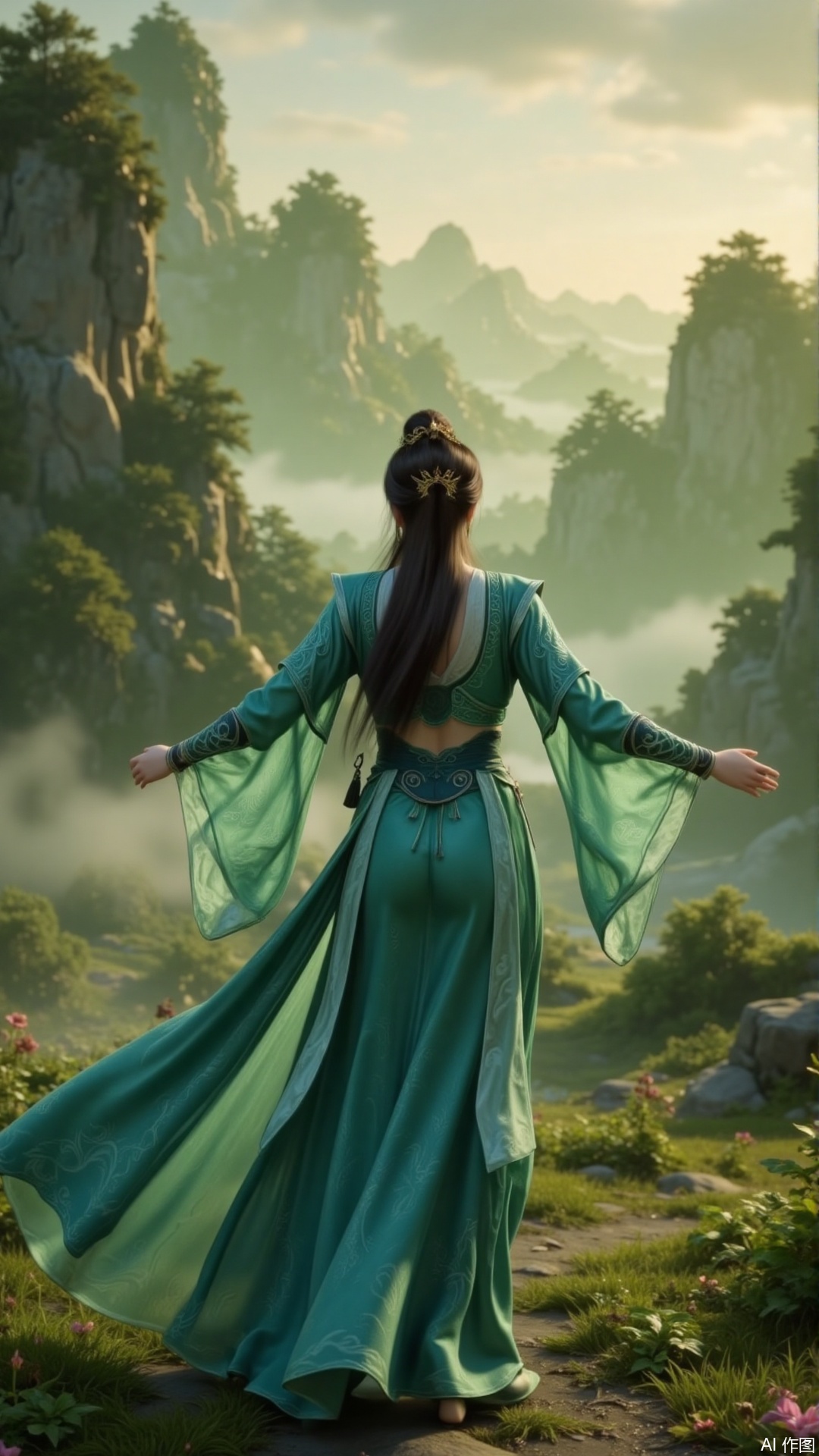 mupeiling,In "The Ordinary Man's Cultivation Journey", the graceful Mu Peiling, dressed in a magnificent green dress, strolls leisurely along the green path in the early morning. The soft light of the dawn gently fell on her hands, and the person and the surrounding scenery merged perfectly, creating an otherworldly and ethereal atmosphere.
guoman,lvjing