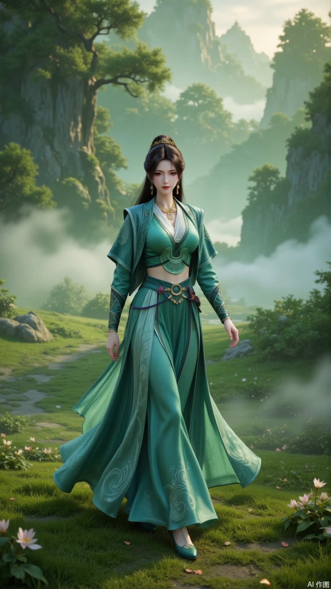 mupeiling,In "The Ordinary Man's Cultivation Journey", the graceful Mu Peiling, dressed in a magnificent green dress, strolls leisurely along the green path in the early morning. The soft light of the dawn gently fell on her hands, and the person and the surrounding scenery merged perfectly, creating an otherworldly and ethereal atmosphere.
guoman,lvjing