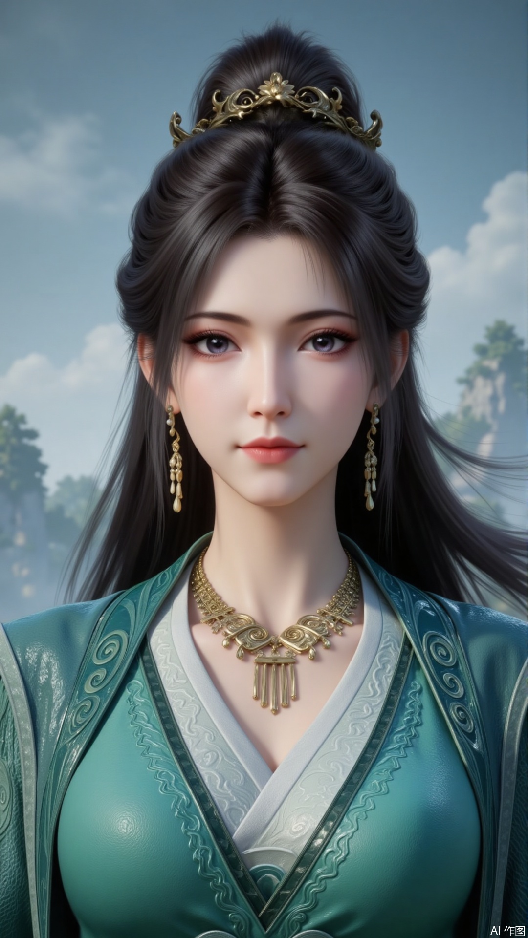 mupeiling,1girl,solo,jewelry,long hair,earrings,brown hair,hair ornament,necklace,realistic,dress,black hair,closed mouth,ponytail,green dress,long sleeves,chinese clothes,looking_at_viewer,cover,gradient background,close-up details,outstanding style,adding a touch of dimension to your images without compromising details,close-up,guoman,lvjing