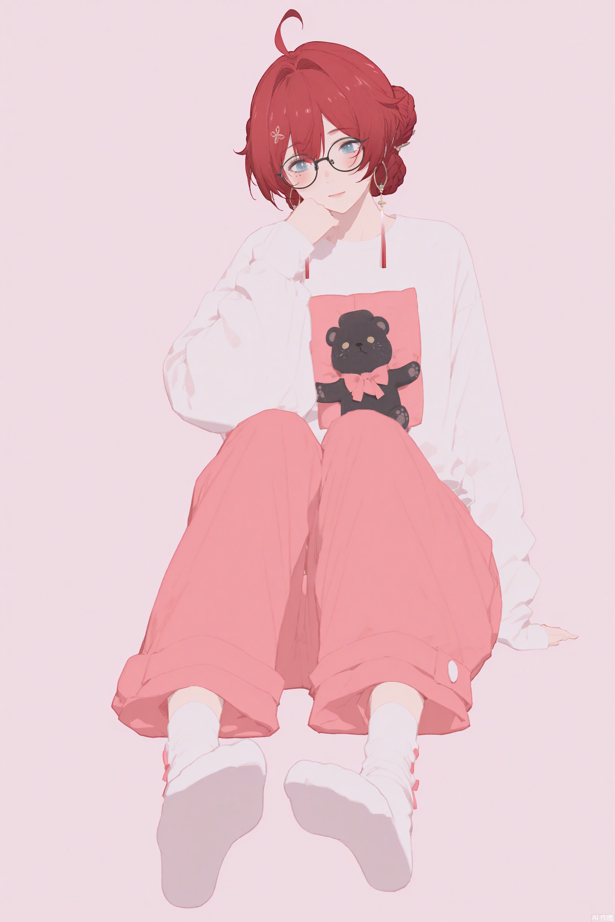 masterpiece,best quality, amazing quality,newest,absurdres,highres,very awa, danjin, danjin\(wuthering waves\), solo,1girl, white pajama shirt, long sleeves, braid buns, earrings, red hair, sitting, black round glasses, asleep, side lighting, light pink long pajama pants, white socks, simple_background,cute,full_body, foot_focus,